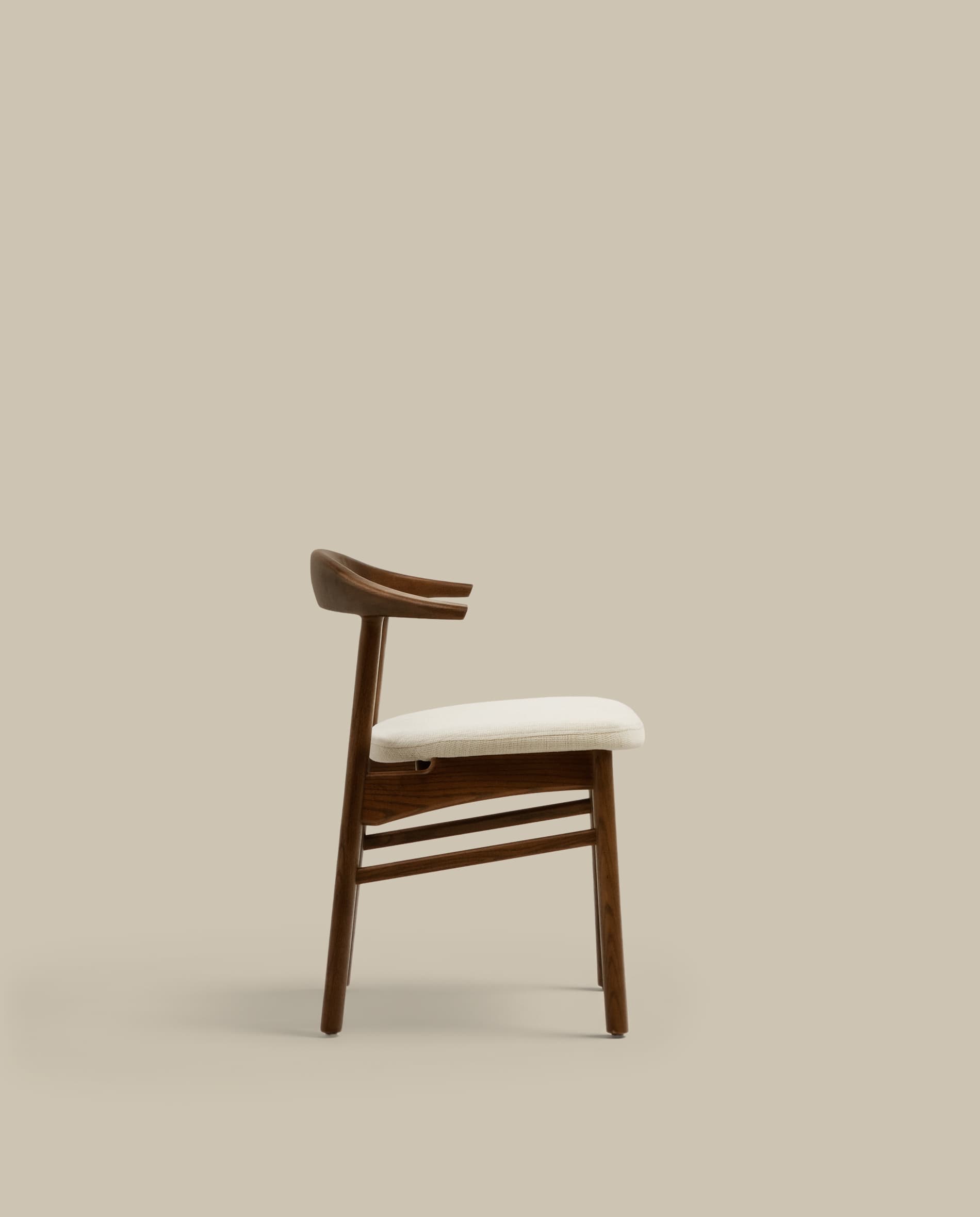 Timons chair removable cover in beige chenille solid oak wood walnut finish FSC Mix Credit