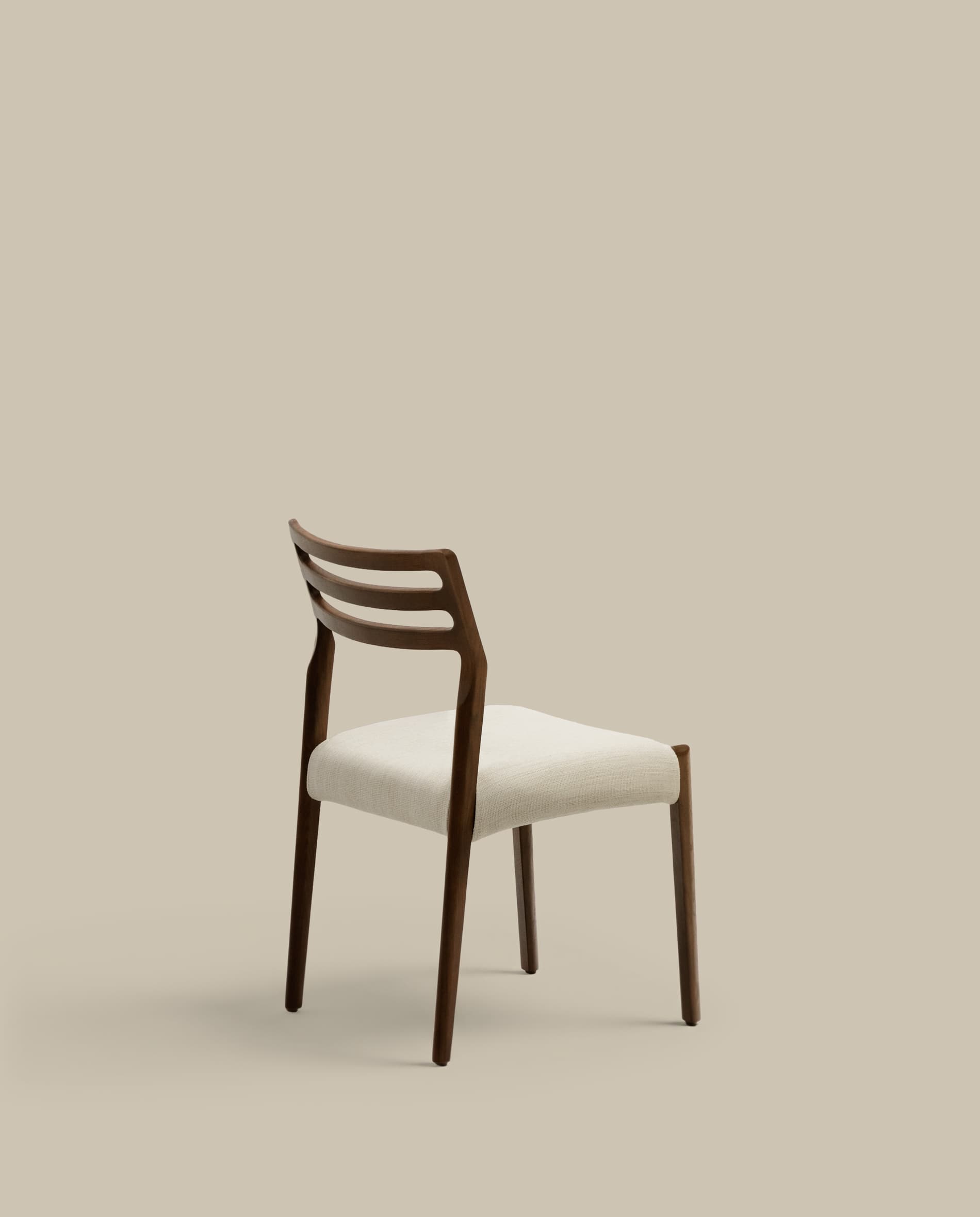 Cudia chair removable cover in beige chenille solid oak wood walnut finish FSC Mix Credit