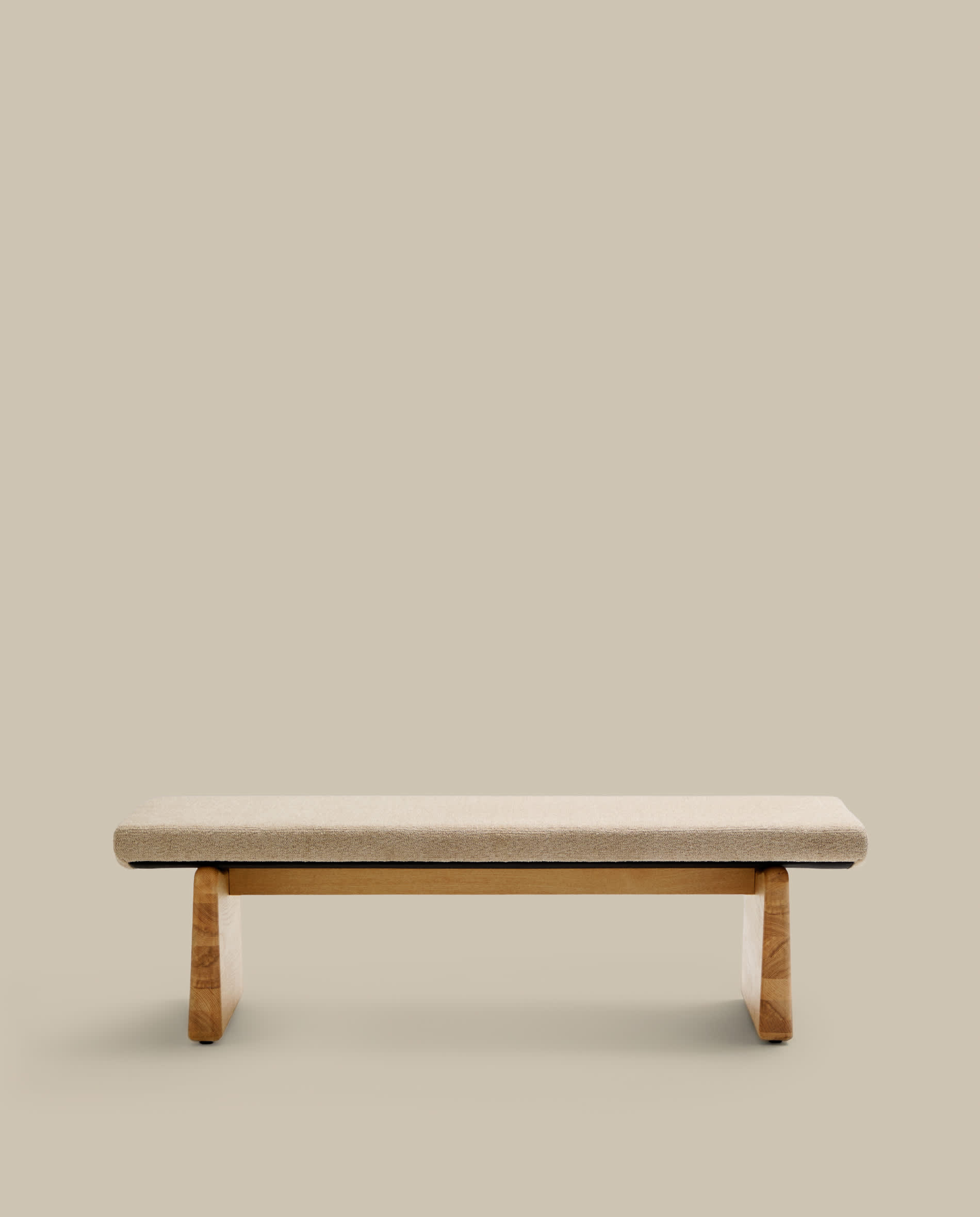 Topaz bench in beige chenille and FSC 100% solid ash wood in a natural finish, 150 cm