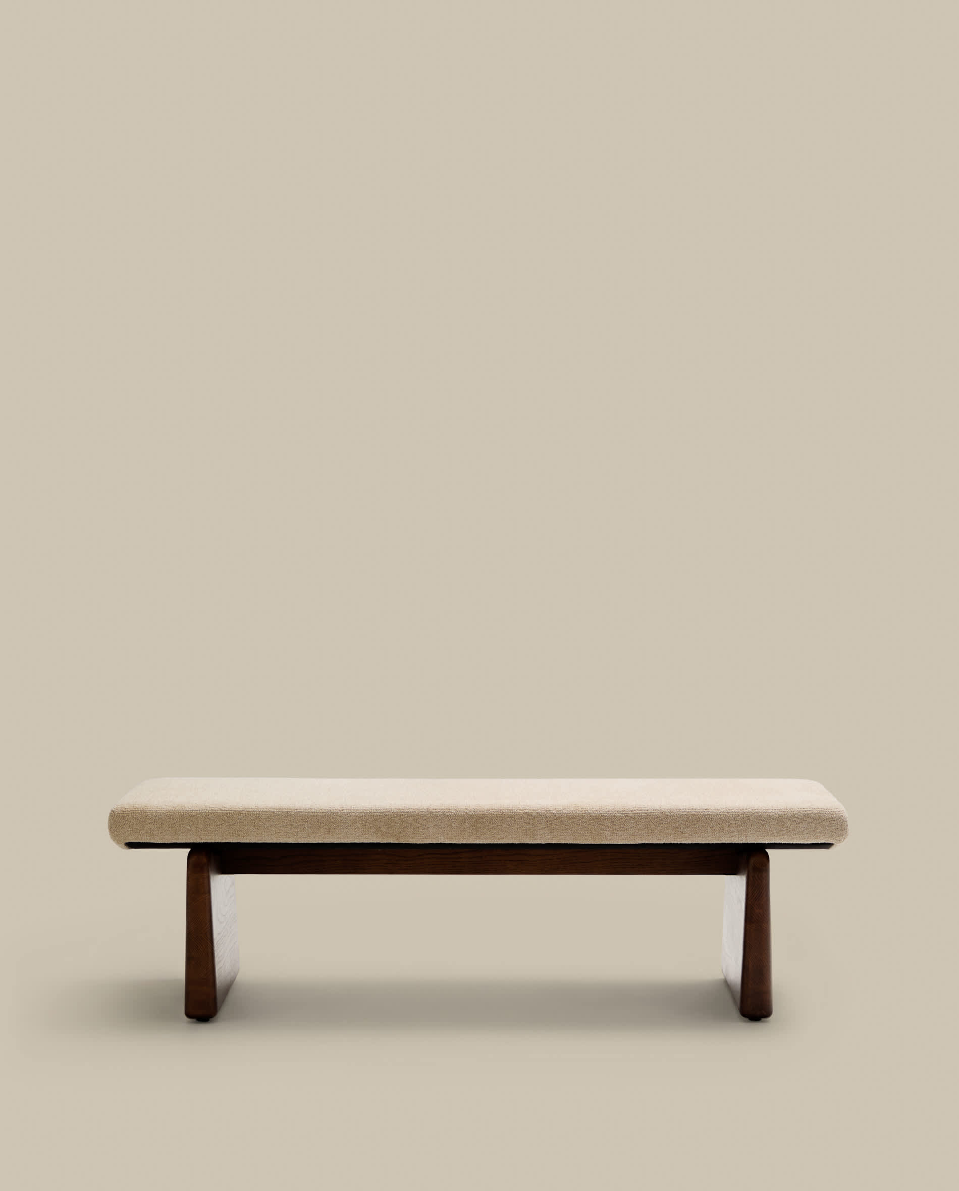Topaz bench in beige chenille and FSC 100% solid ash wood in a walnut finish, 150 cm