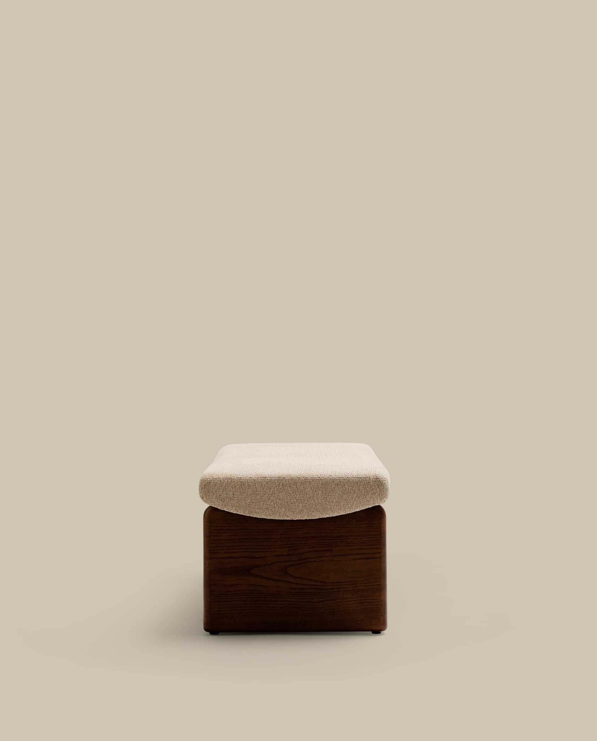 Topaz bench in beige chenille and FSC 100% solid ash wood in a walnut finish, 150 cm
