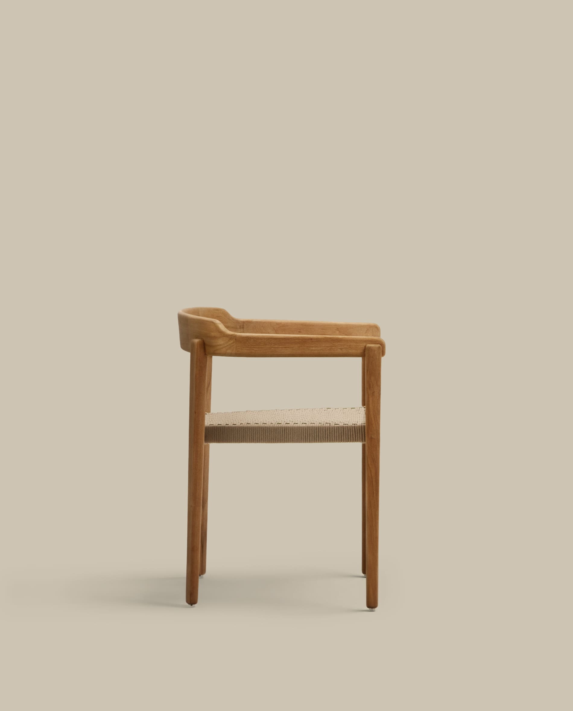 Icaro stackable chair in FSC 100% solid teak wood with natural finish and beige rope cord