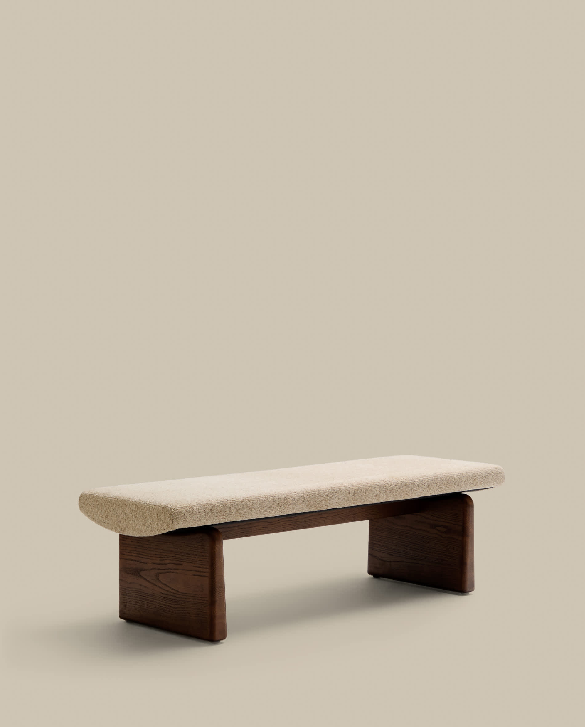 Topaz bench in beige chenille and FSC 100% solid ash wood in a walnut finish, 150 cm