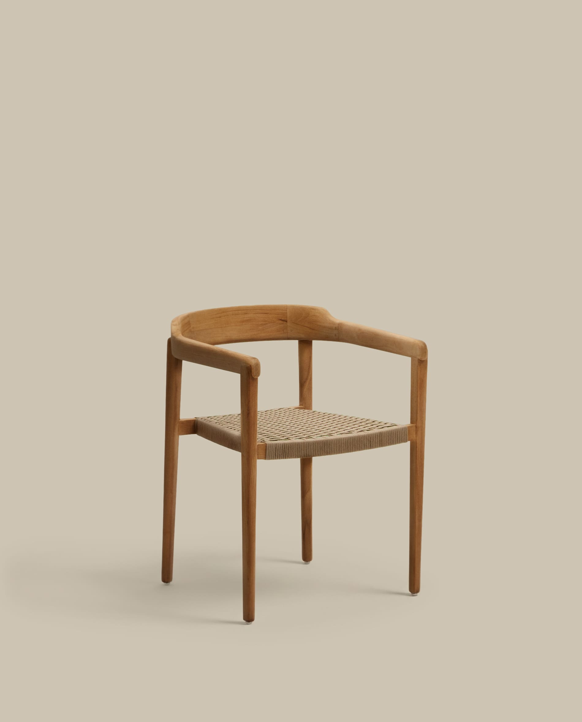 Icaro stackable chair in FSC 100% solid teak wood with natural finish and beige rope cord