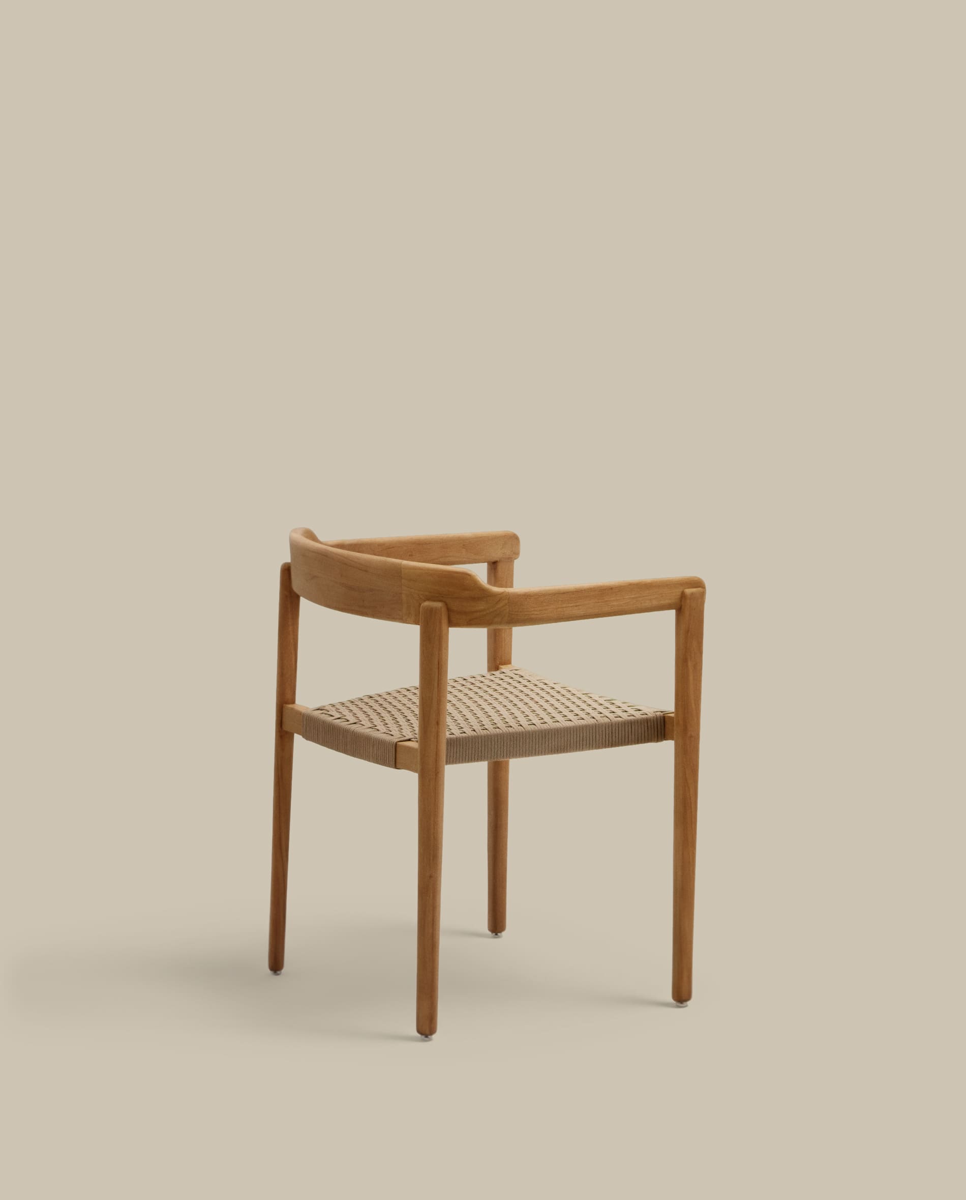 Icaro stackable chair in FSC 100% solid teak wood with natural finish and beige rope cord