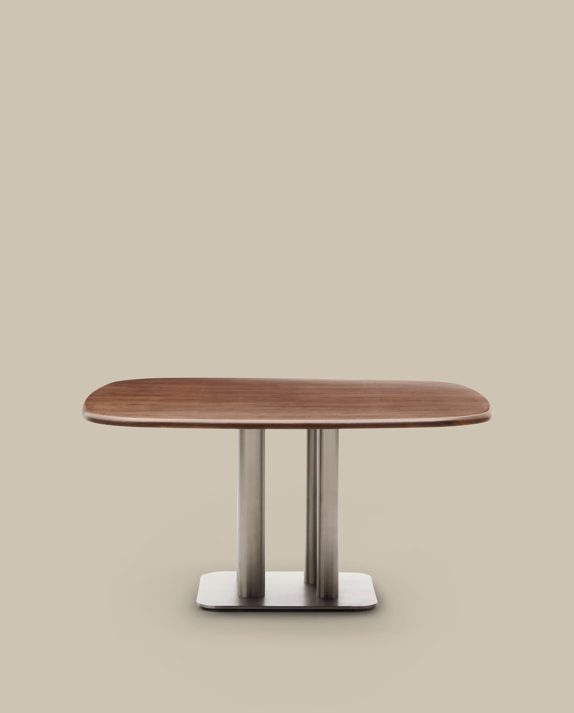 Melvar table made from walnut veneer and legs with brushed stainless steel base 150 x 150cm