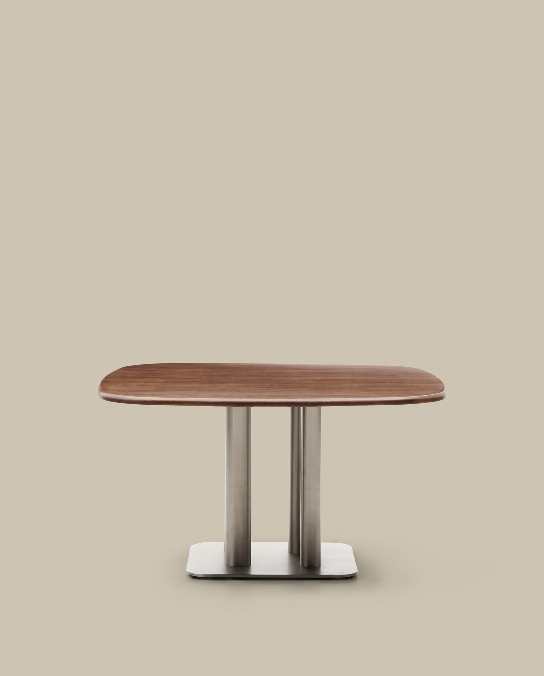Melvar table made from walnut veneer and legs with brushed stainless steel base 121 x 121cm