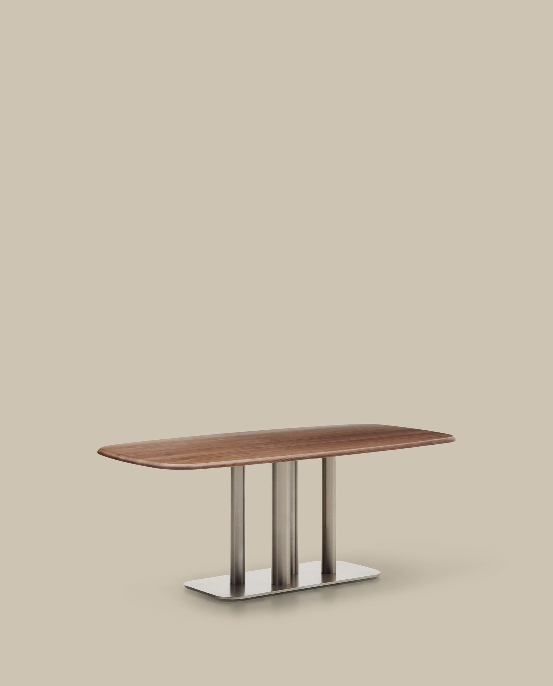 Melvar table made from walnut veneer and legs with brushed stainless steel base 180 x 100cm