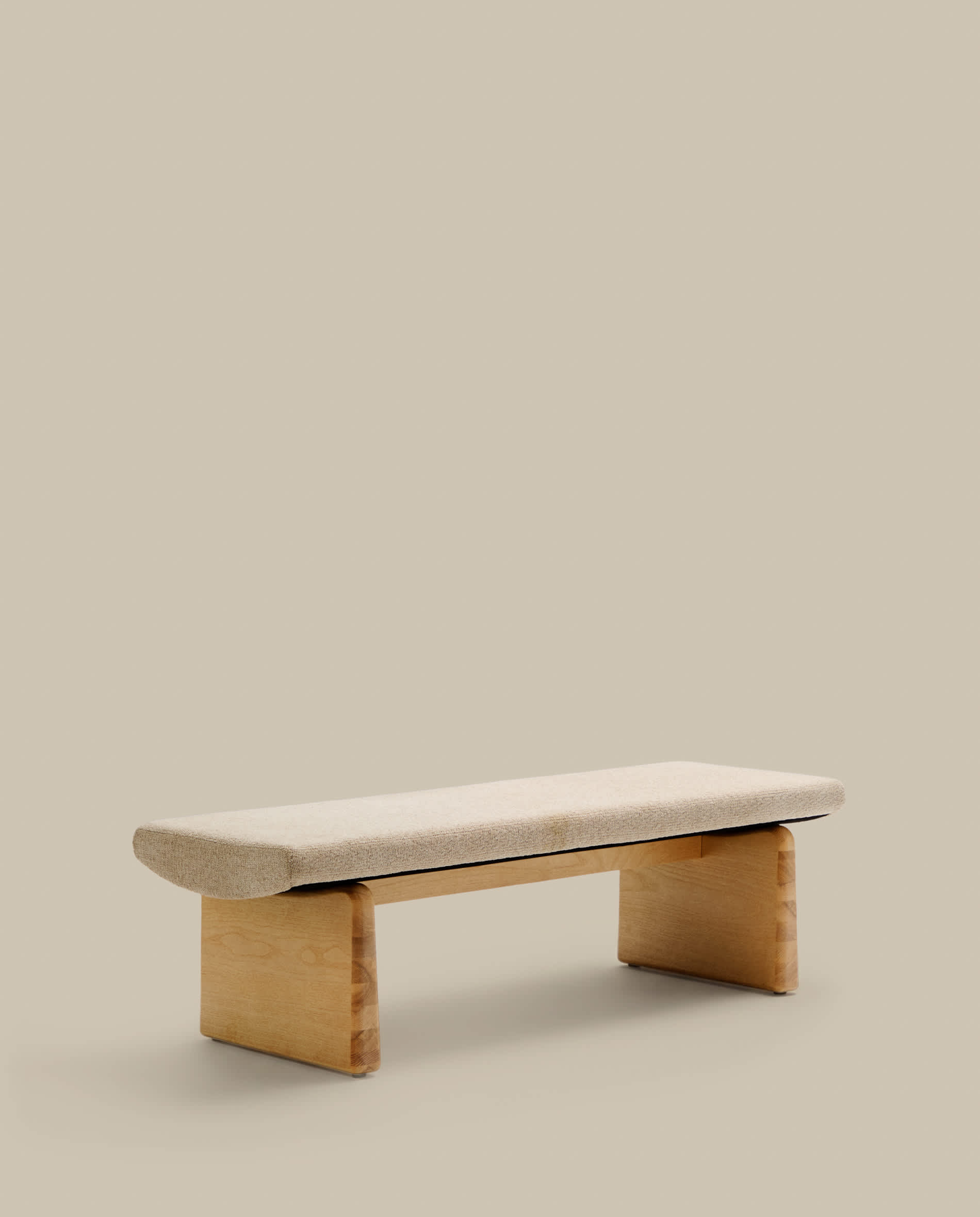 Topaz bench in beige chenille and FSC 100% solid ash wood in a natural finish, 150 cm