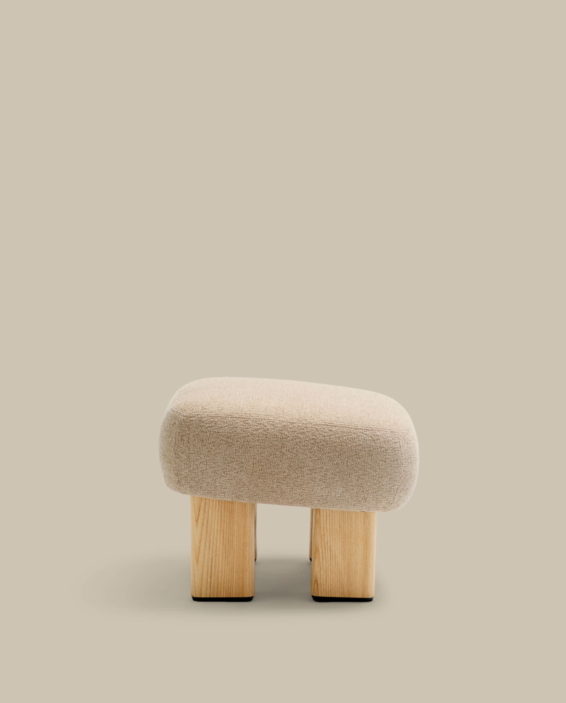 Nema beige chenille footstool with solid ash wood legs natural finish 65x55.4 cm FSC 100%