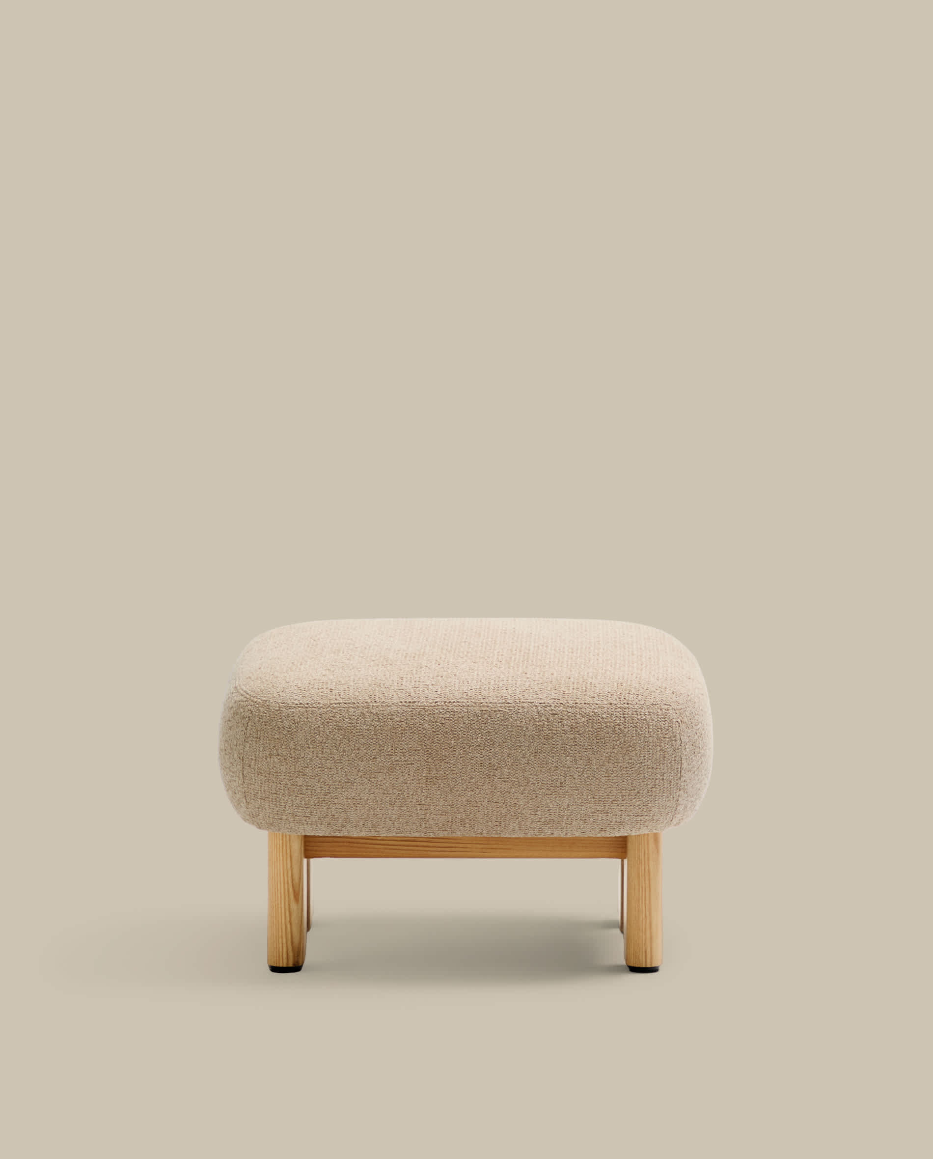 Nema beige chenille footstool with solid ash wood legs natural finish 65x55.4 cm FSC 100%