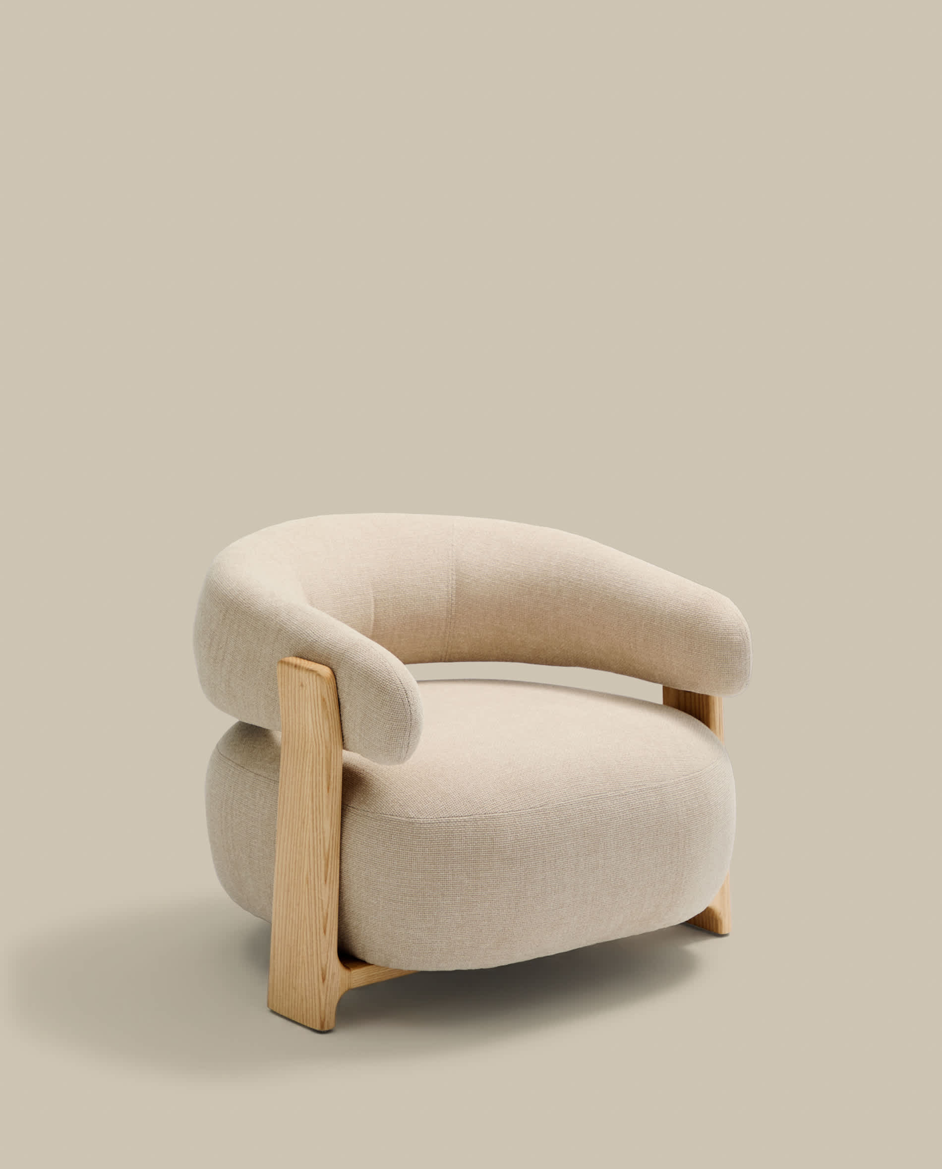 Granite beige chenille armchair with solid ash wood legs in a natural tone finish FSC 100%