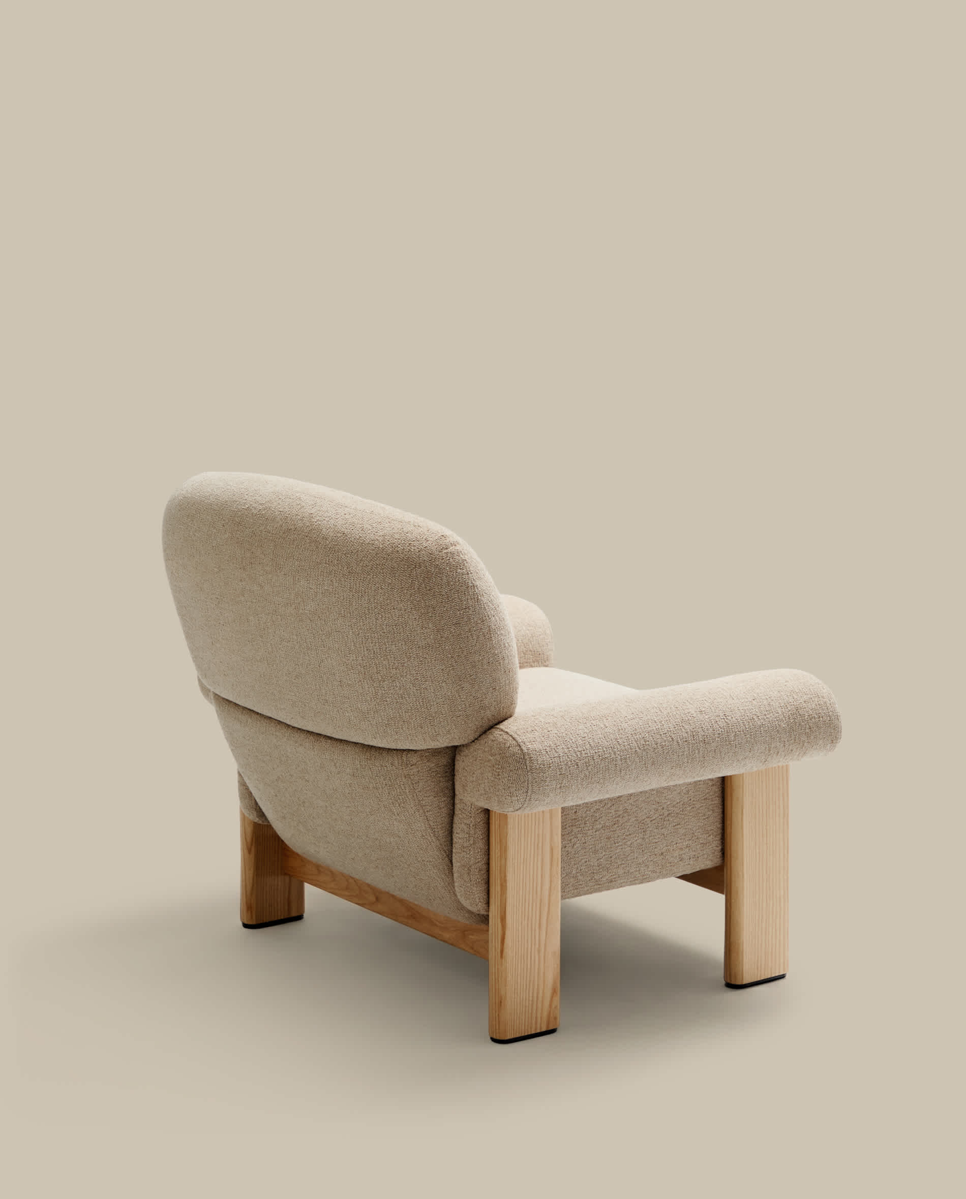Nema armchair in beige chenille with solid ash wood legs in a natural finish FSC 100%