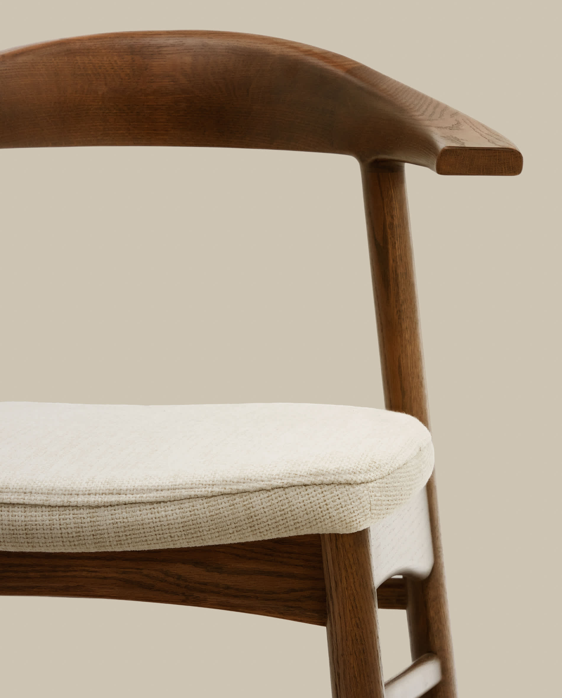 Timons chair removable cover in beige chenille solid oak wood walnut finish FSC Mix Credit