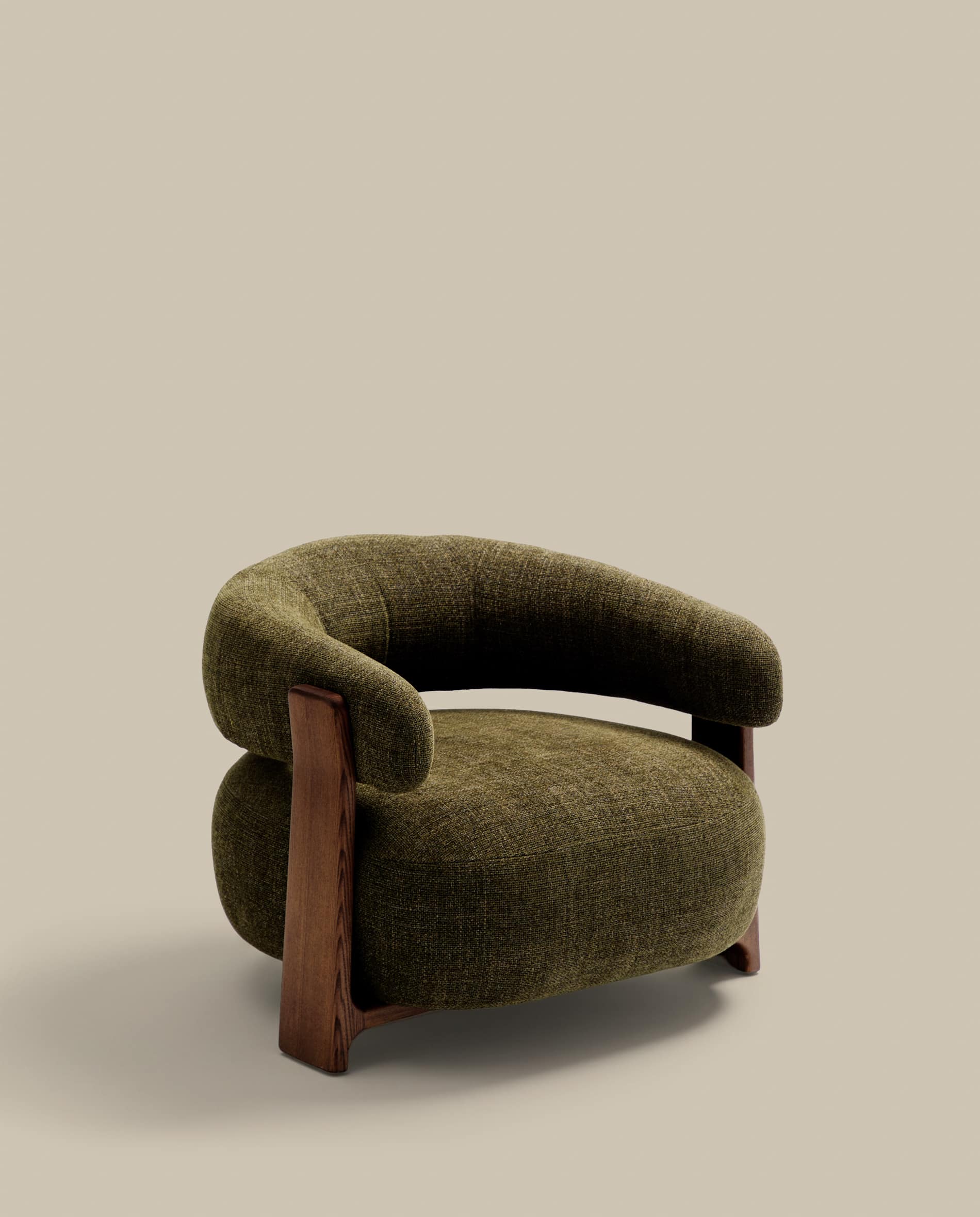 Granite green chenille armchair with solid ash wood legs in a walnut finish FSC 100%