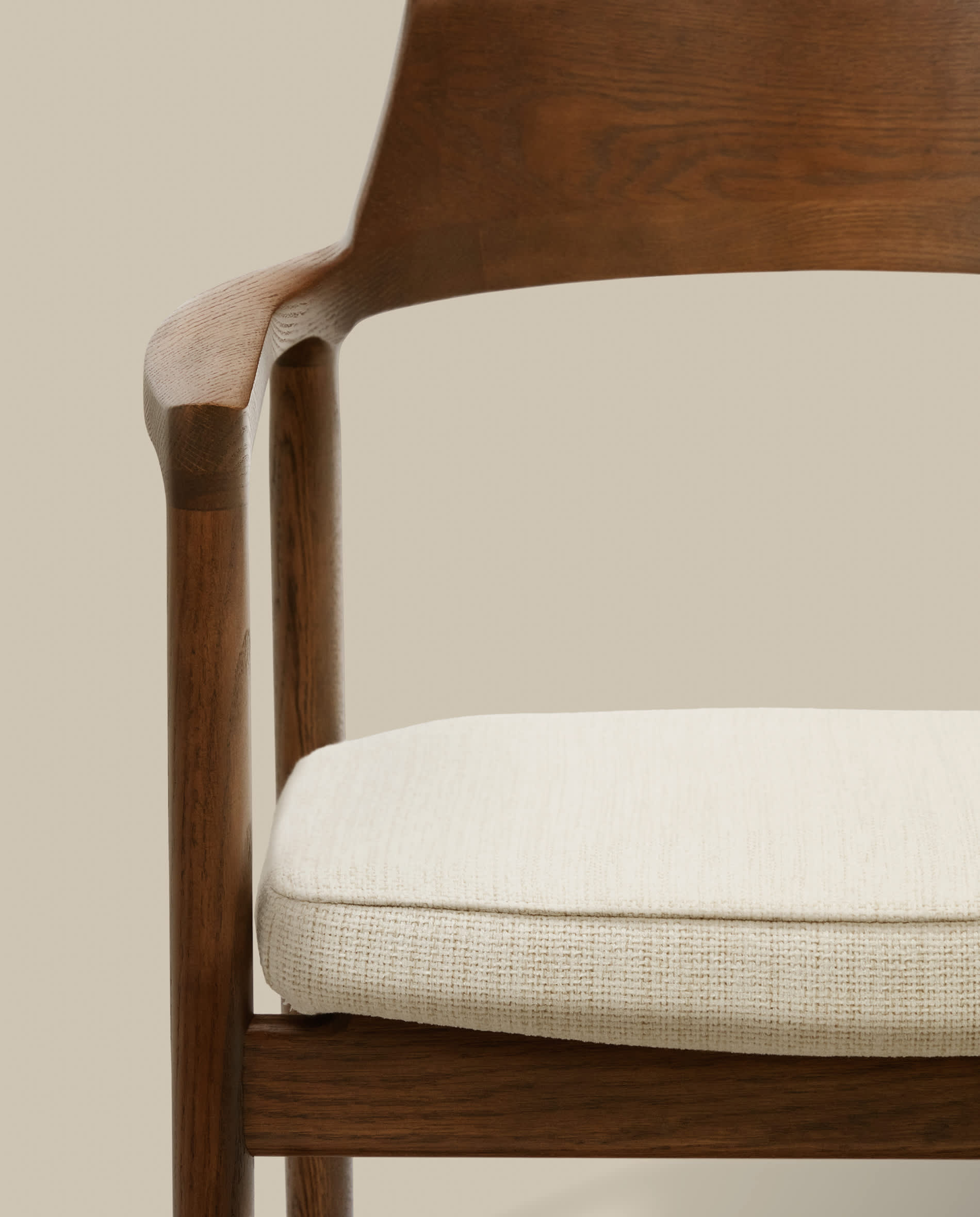 Alocs chair removable cover in beige chenille solid oak wood walnut finish FSC Mix Credit