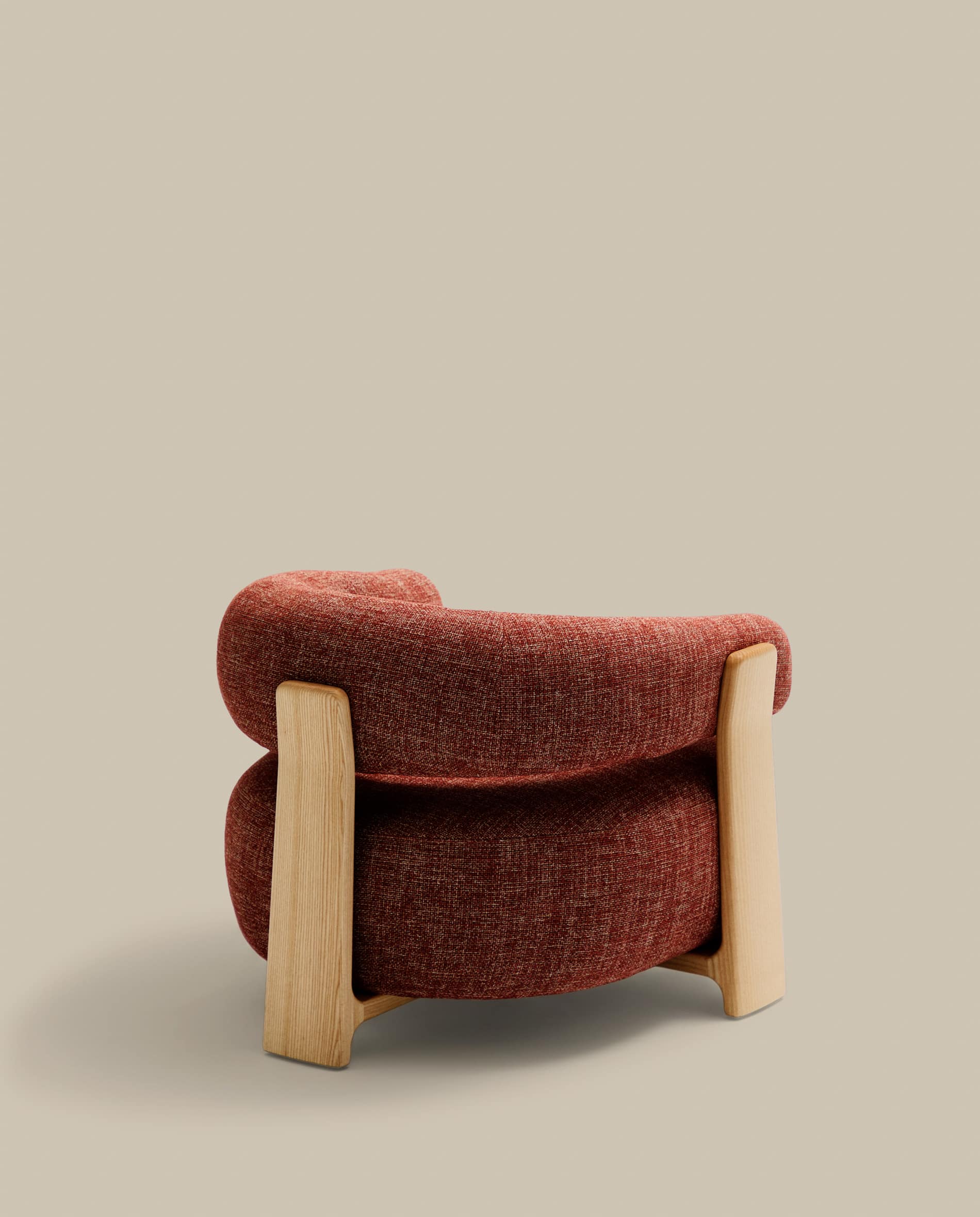 Granite terracotta chenille armchair with solid ash wood legs in a natural tone finish FSC 100%