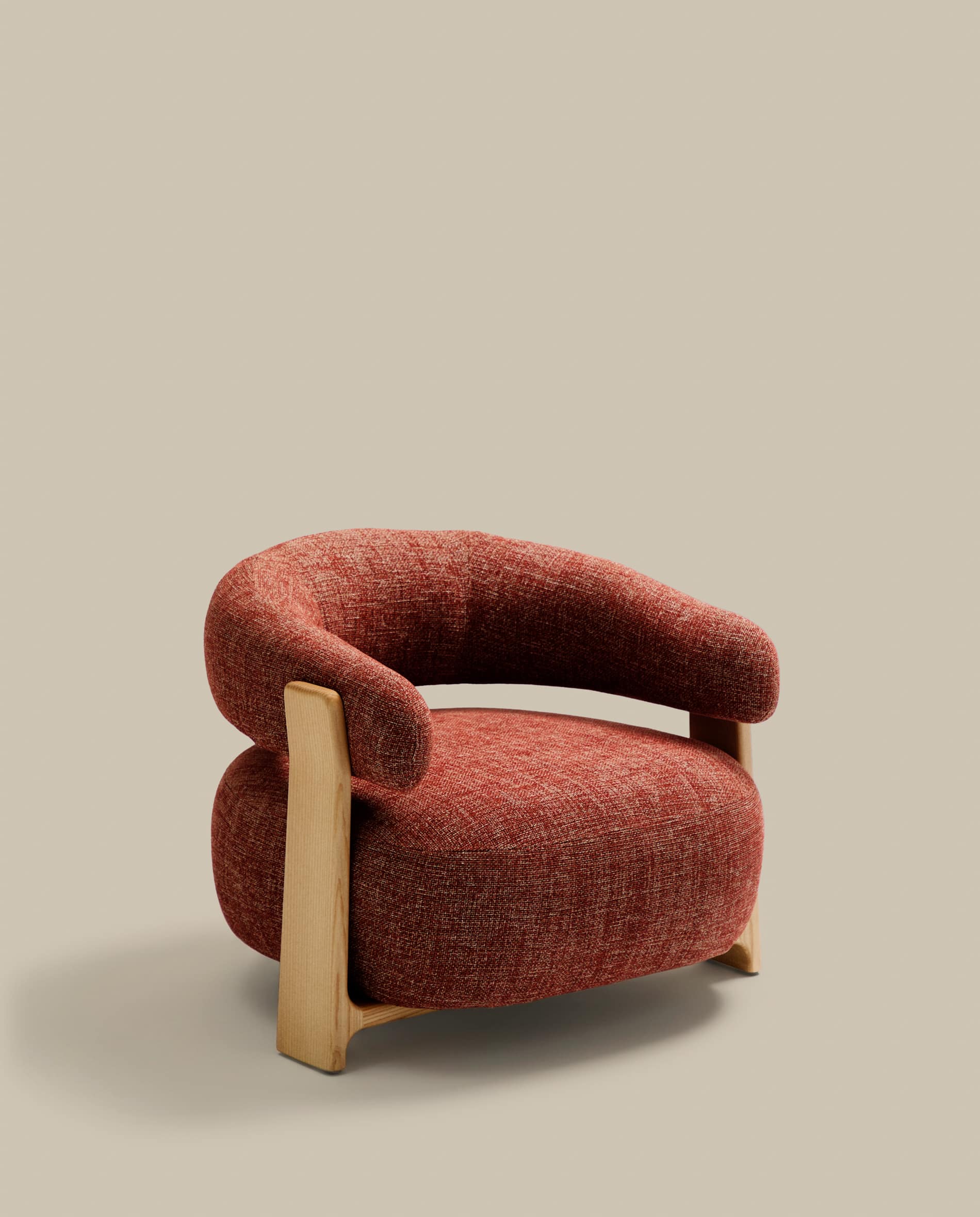 Granite terracotta chenille armchair with solid ash wood legs in a natural tone finish FSC 100%