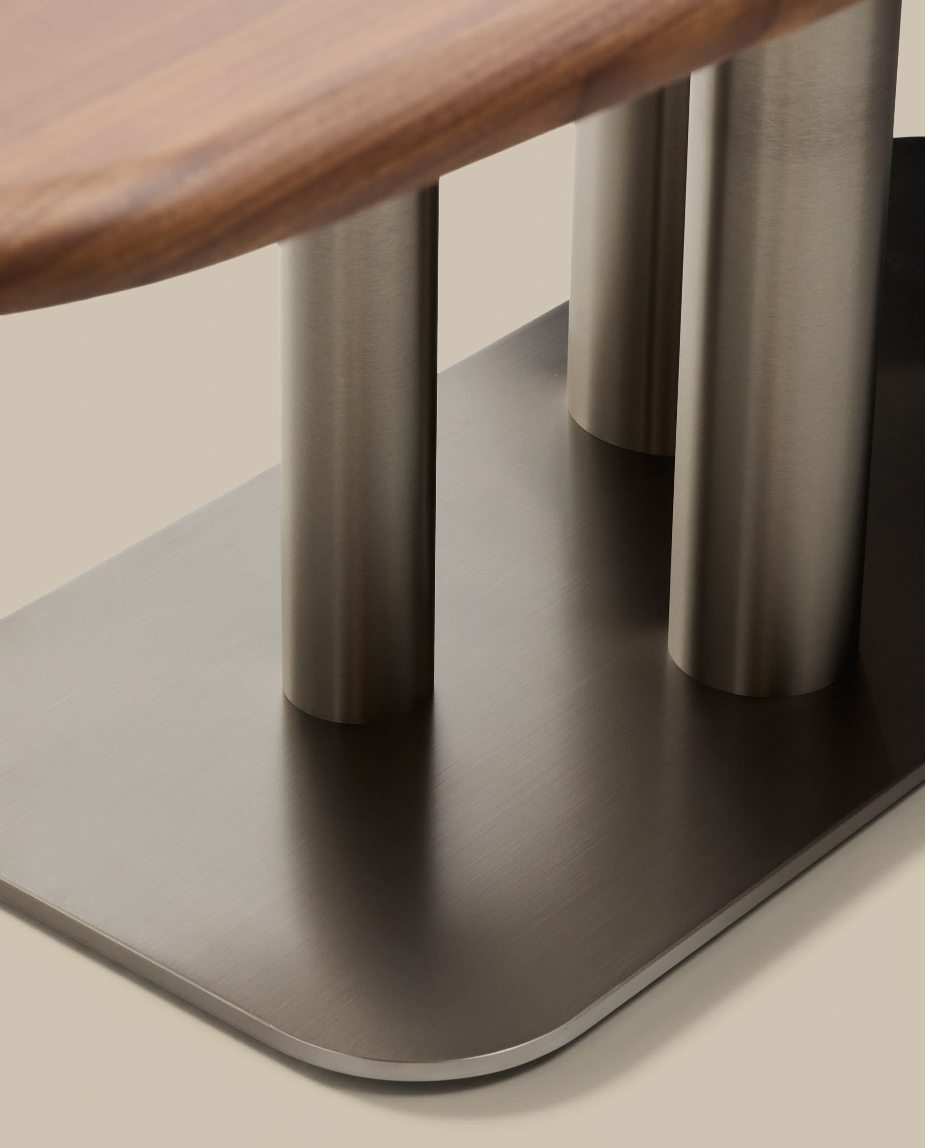 Melvar table made from walnut veneer and legs with brushed stainless steel base 220 x 110cm