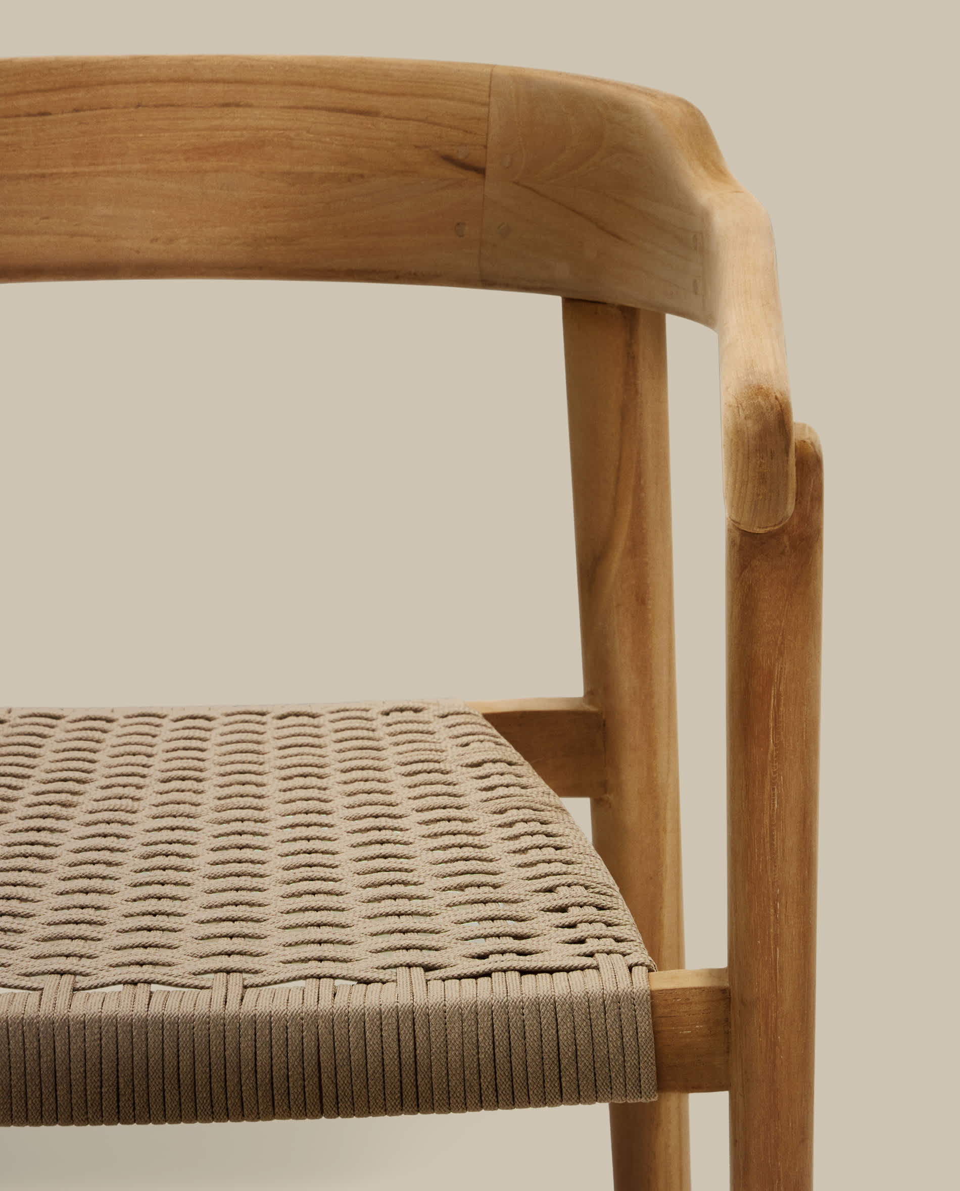 Icaro stackable chair in FSC 100% solid teak wood with natural finish and beige rope cord