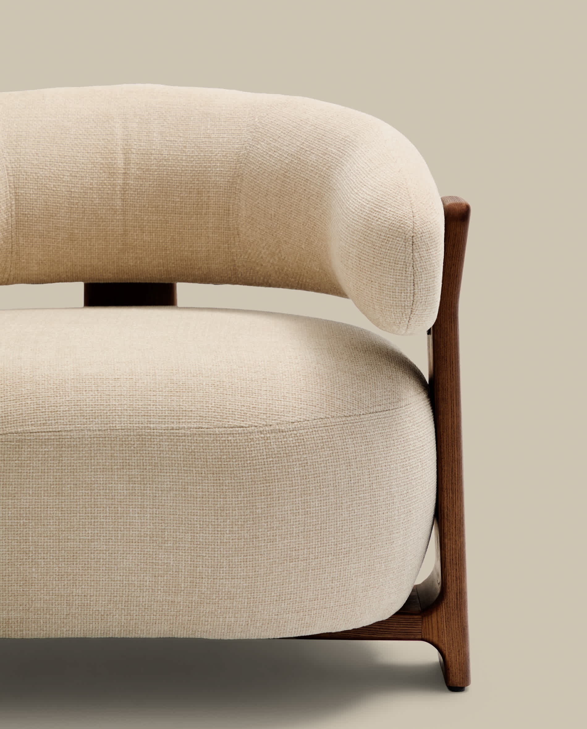 Granite beige chenille armchair with solid ash wood legs in a walnut finish FSC 100%