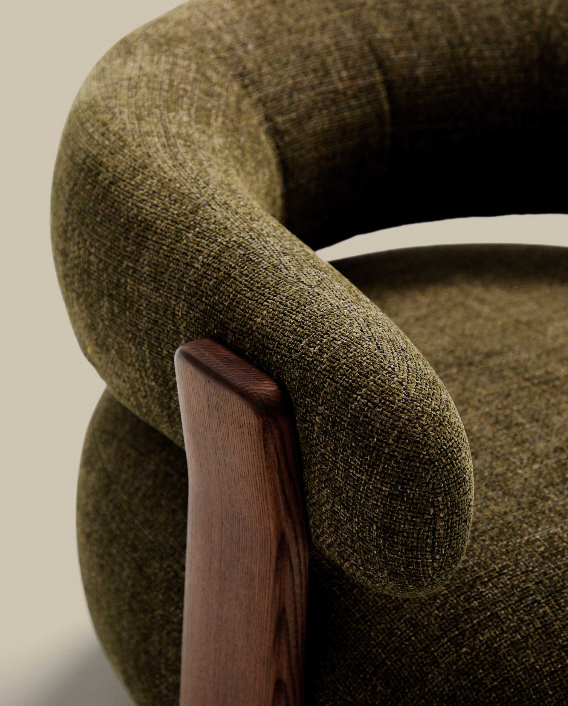 Granite green chenille armchair with solid ash wood legs in a walnut finish FSC 100%