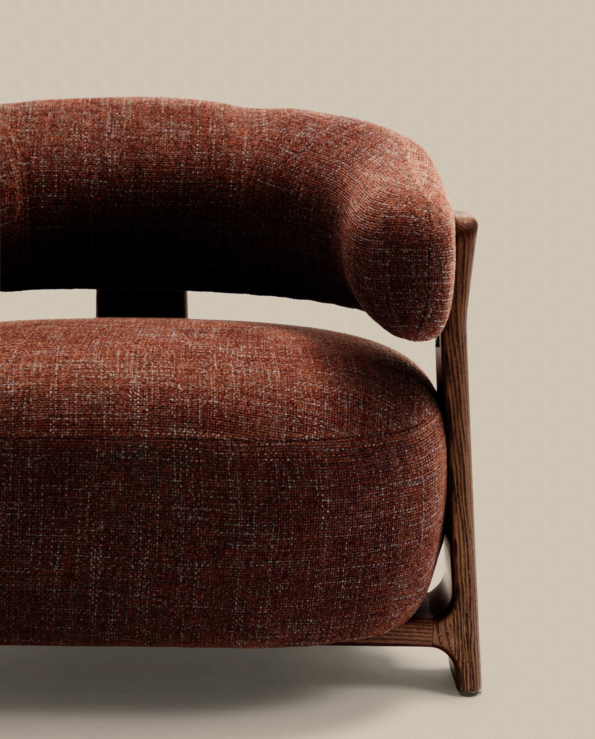 Granite brown chenille armchair with solid ash wood legs in a walnut finish FSC 100%