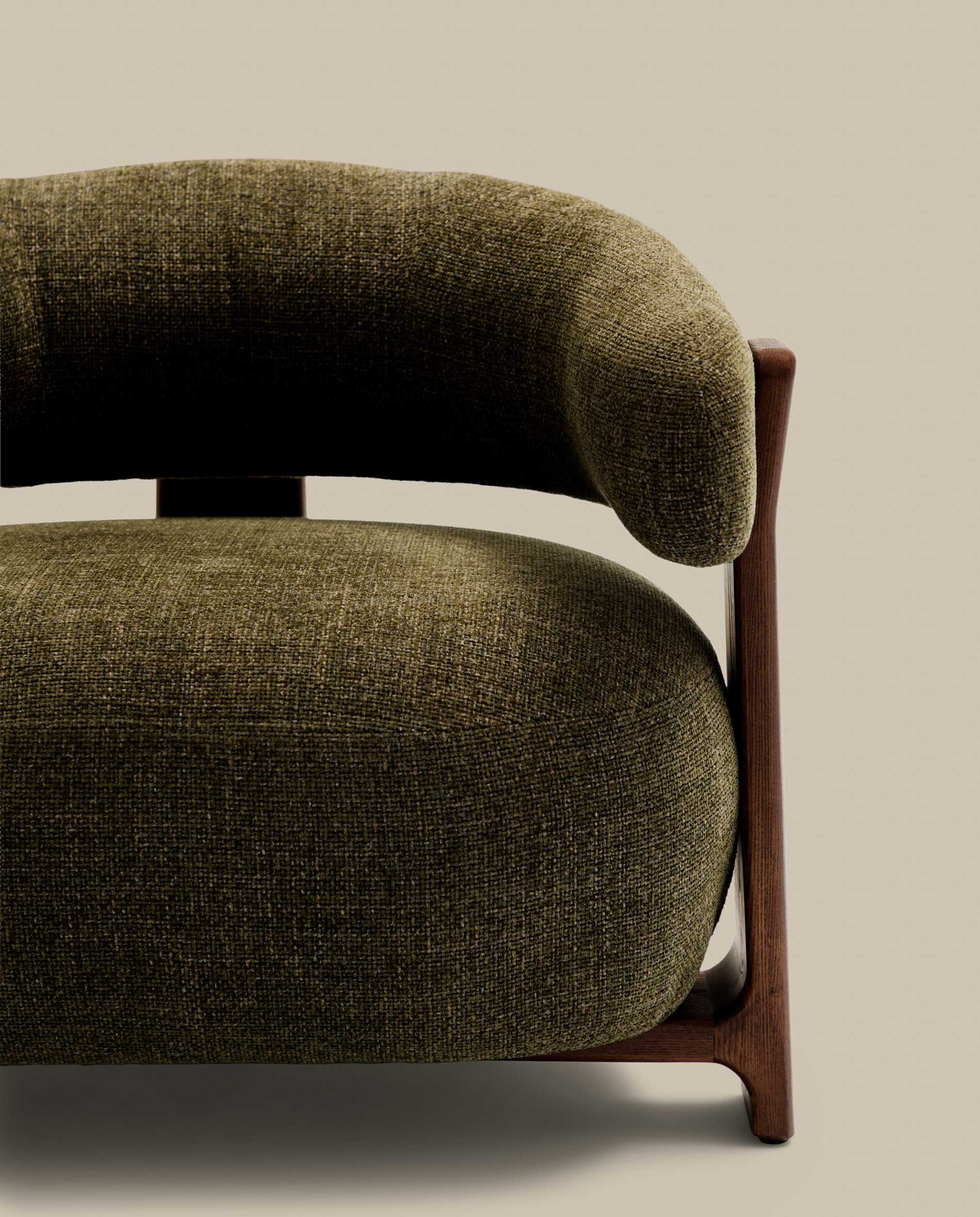 Granite green chenille armchair with solid ash wood legs in a walnut finish FSC 100%