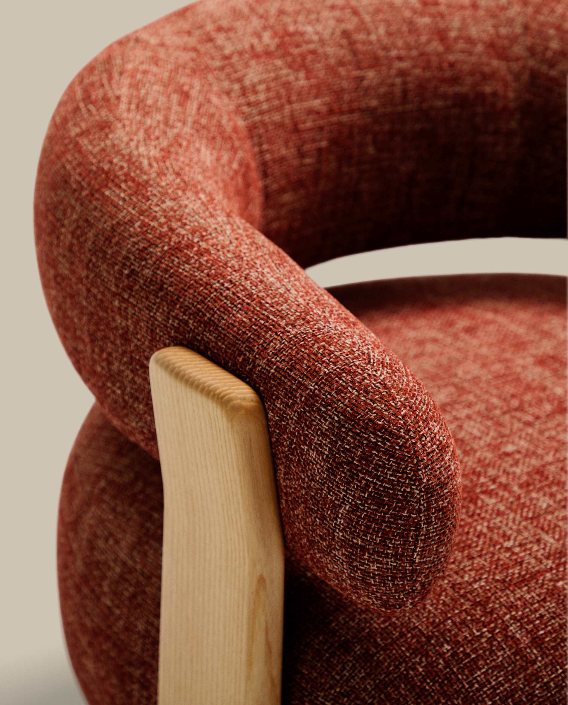 Granite terracotta chenille armchair with solid ash wood legs in a natural tone finish FSC 100%