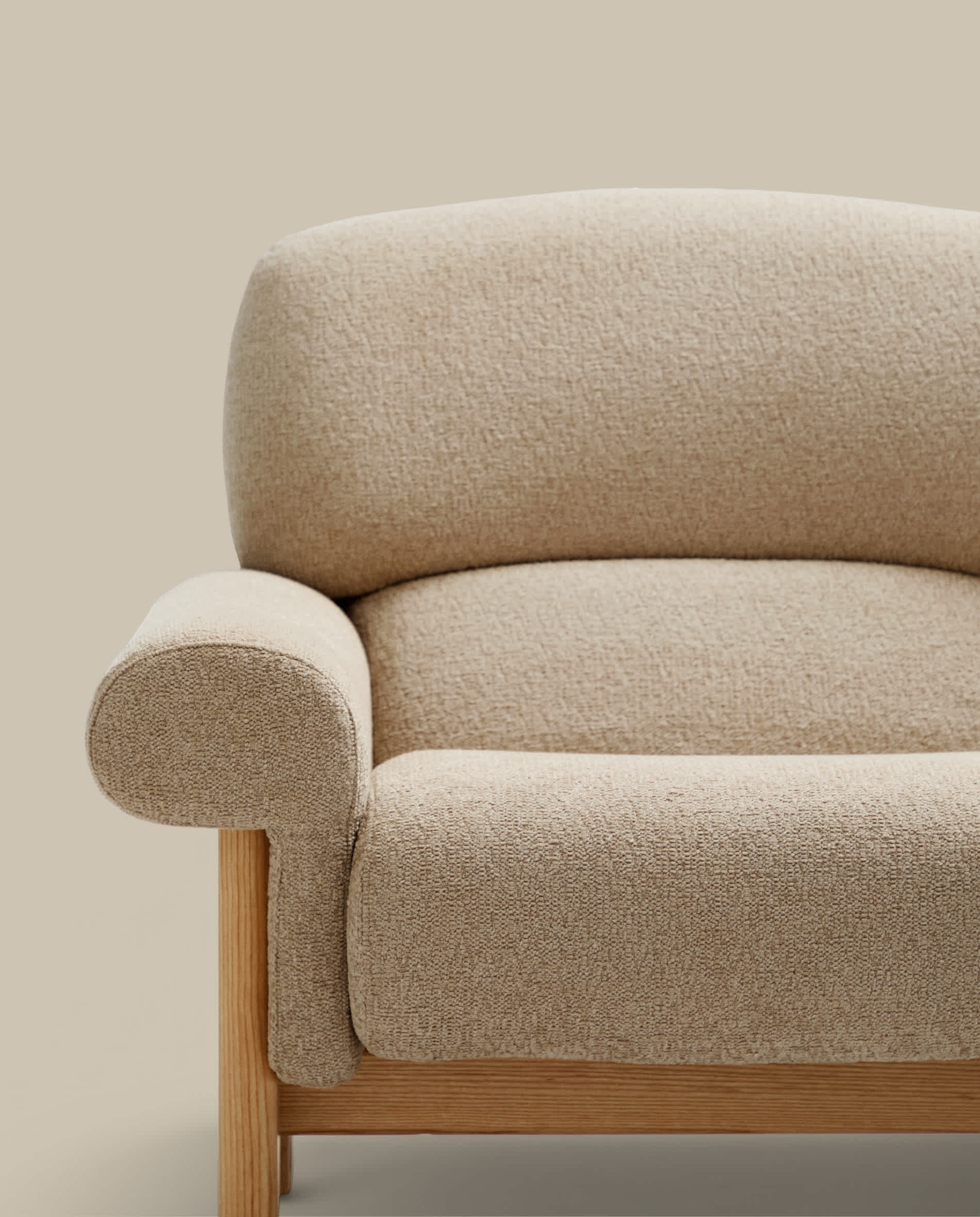 Nema armchair in beige chenille with solid ash wood legs in a natural finish FSC 100%