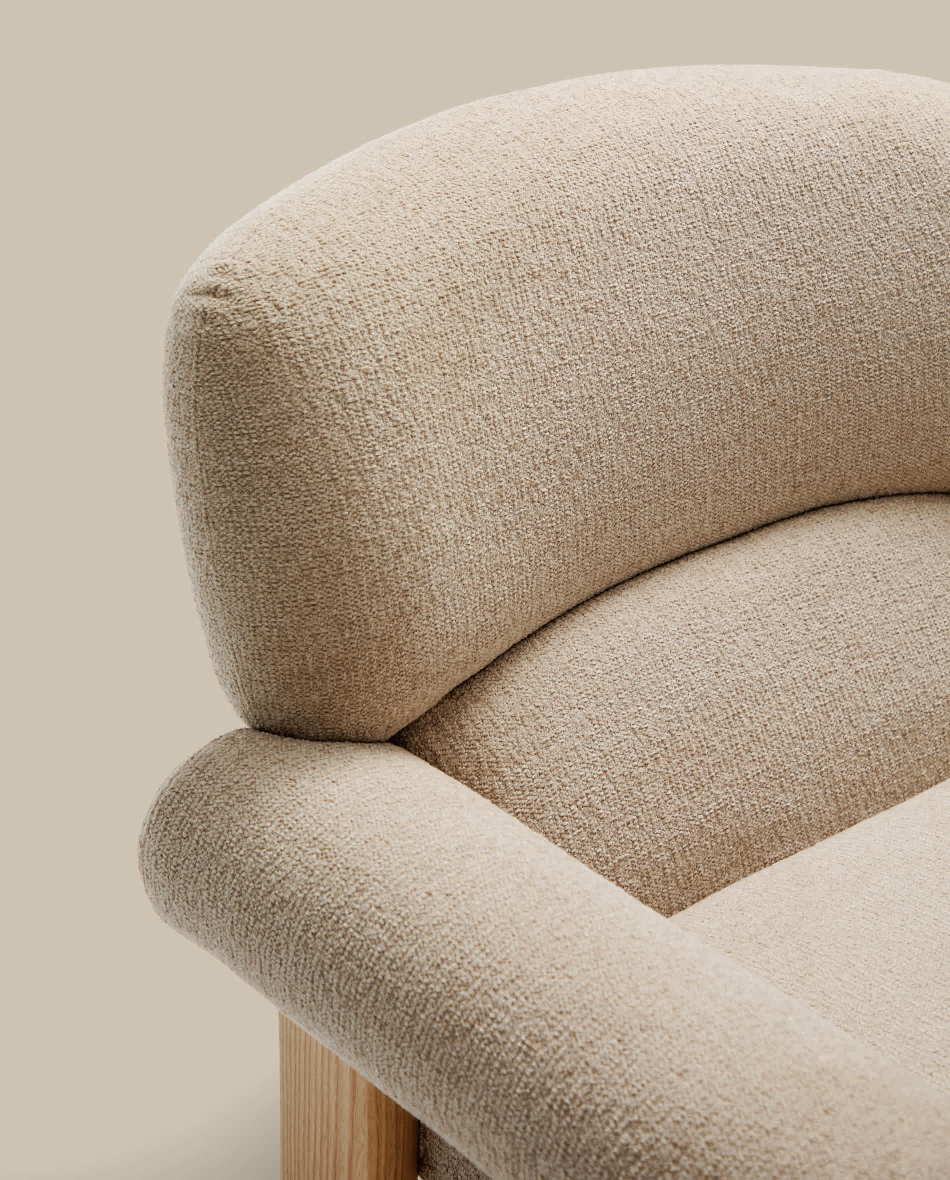 Nema armchair in beige chenille with solid ash wood legs in a natural finish FSC 100%