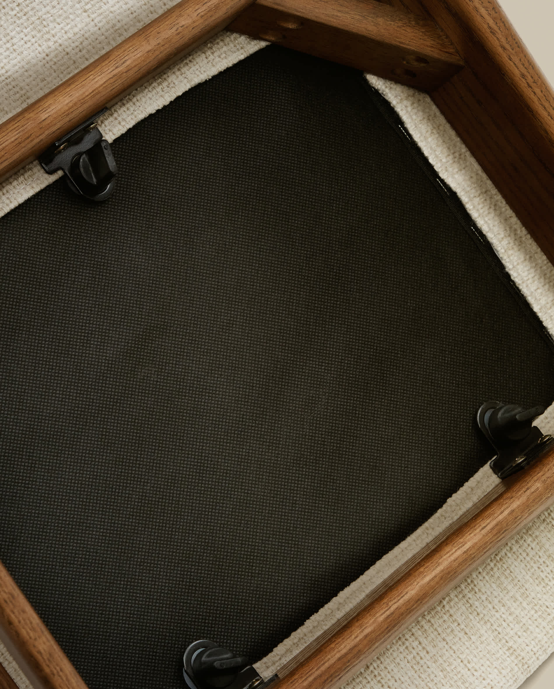 Timons chair removable cover in beige chenille solid oak wood walnut finish FSC Mix Credit