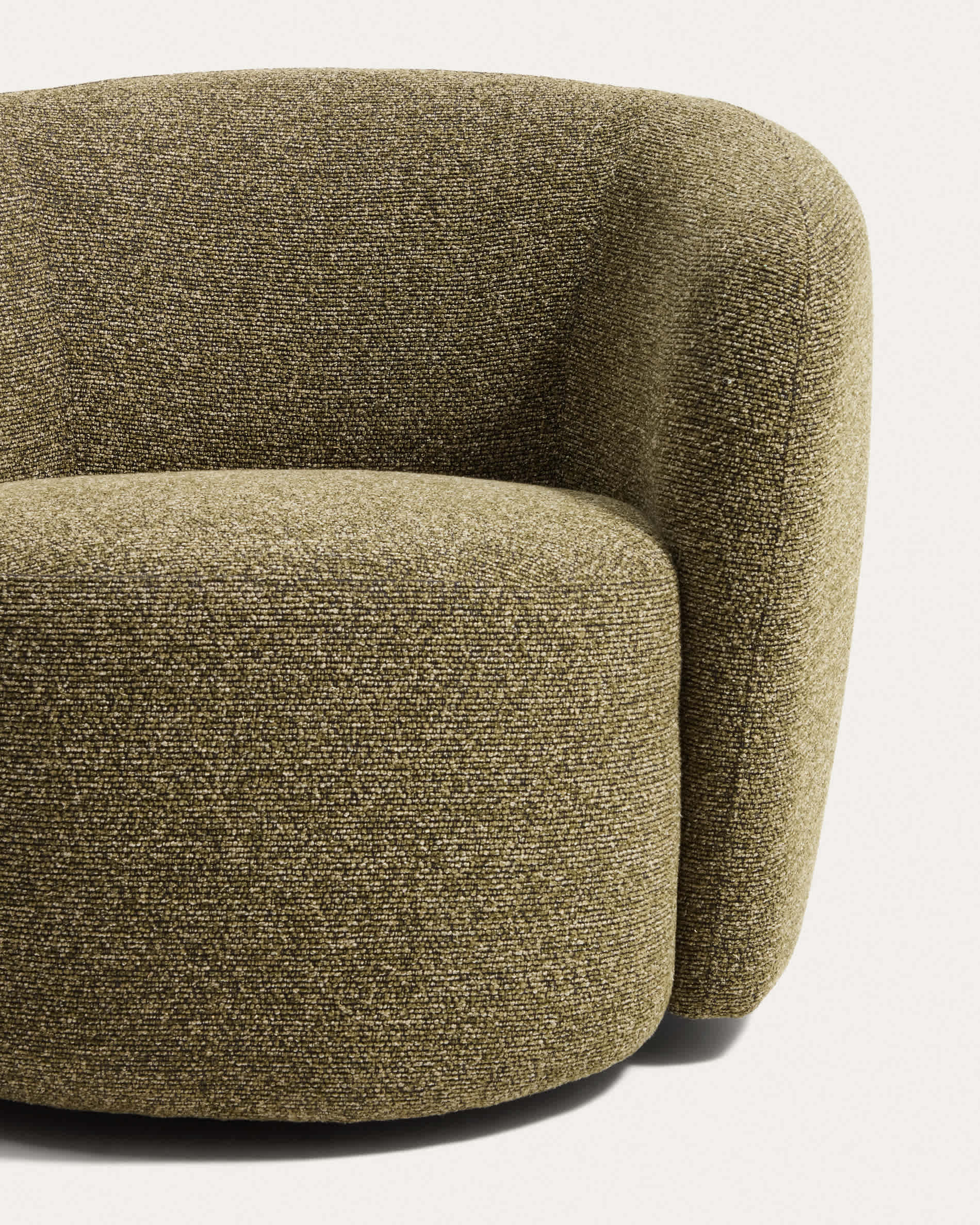 Odenia swivel armchair in olive green micro bouclé