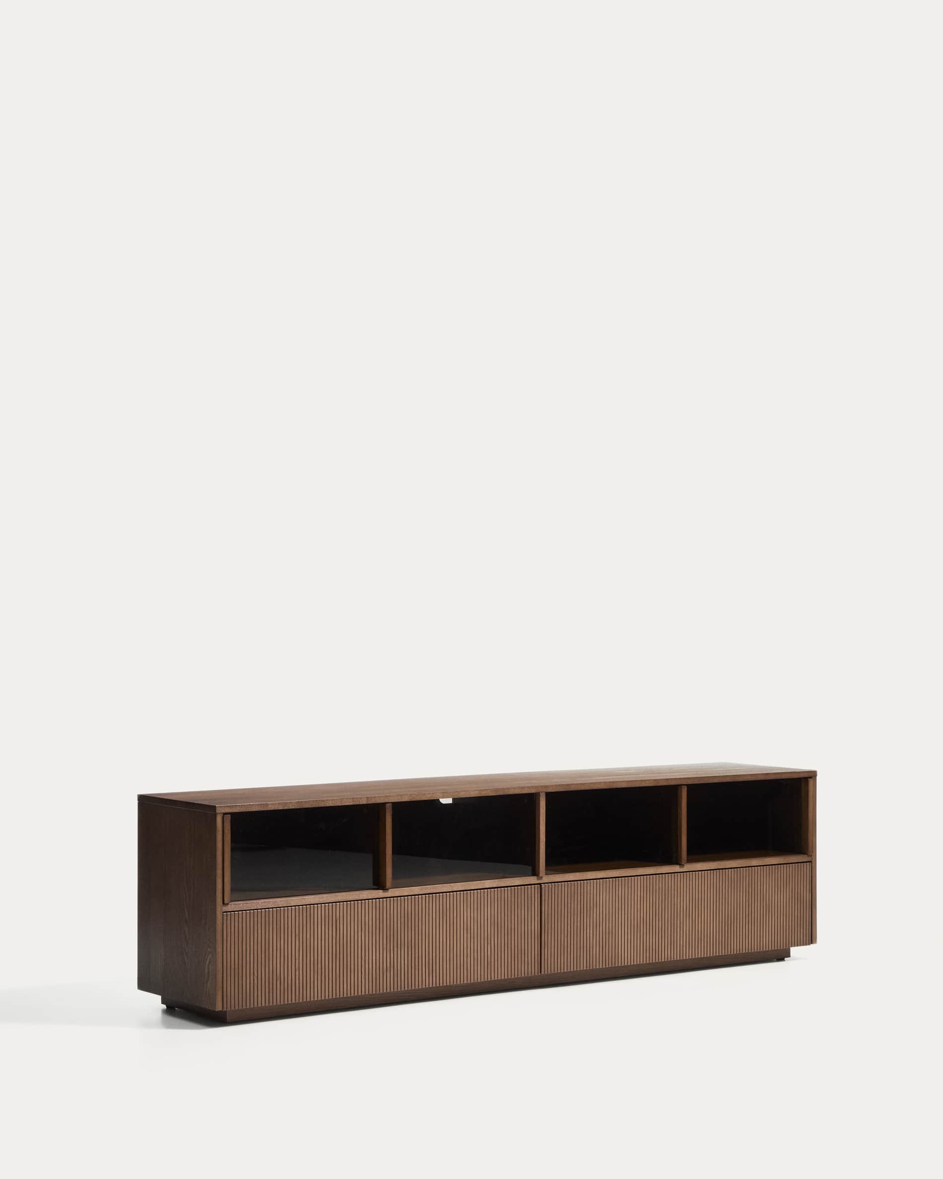 Helvine TV stand with 4 doors and 2 drawers in ash veneer with walnut finish and tempered glass, 200 x 54 cm, FSC 100%
