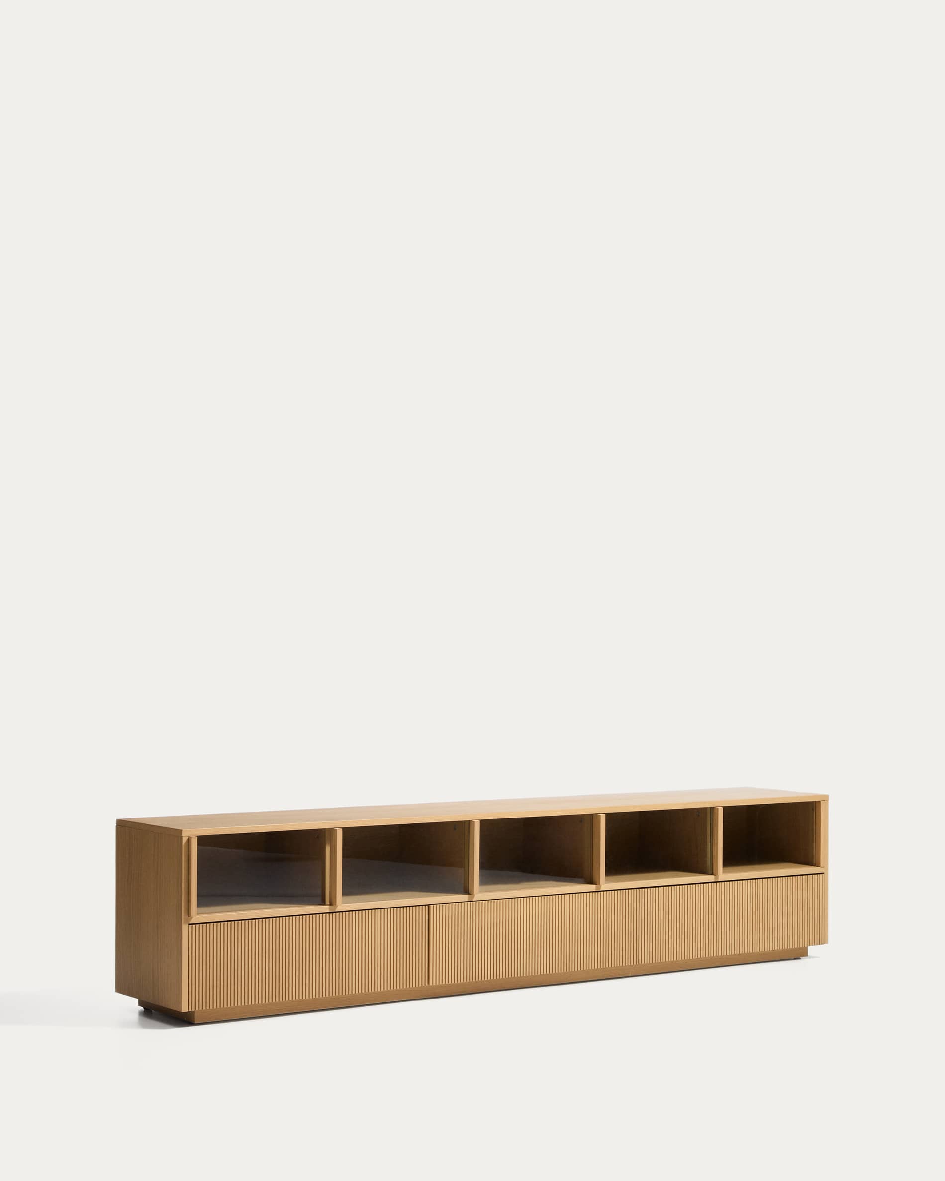 Helvine 5-door, 3-drawer TV stand in oak veneer and tempered glass 242x53,5cm FSC 100%