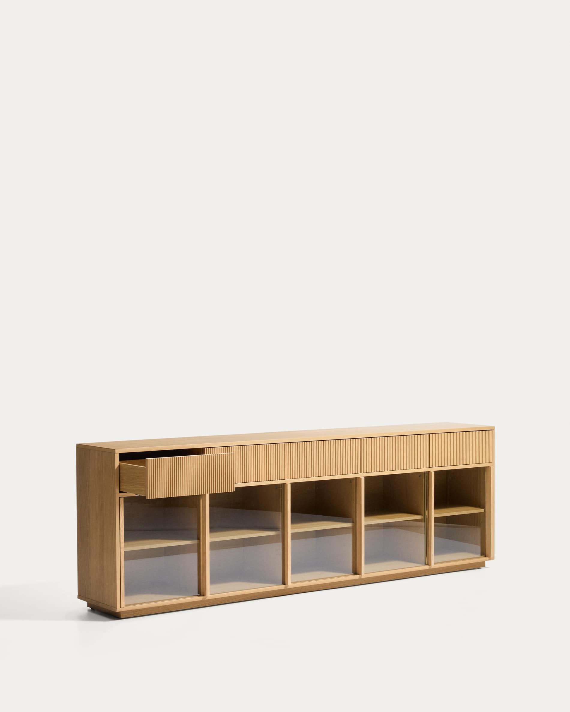 Helvine 5-door, 5-drawer sideboard in oak veneer and tempered glass 242x80cm FSC 100%