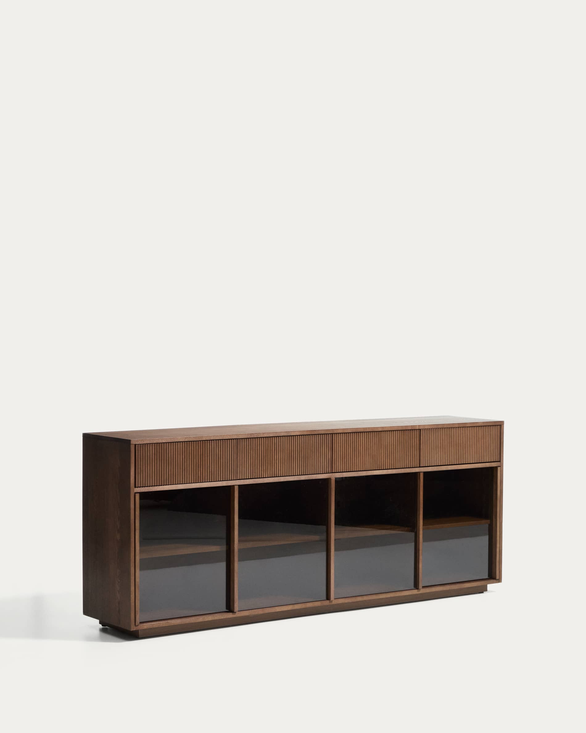Helvine 4-door, 4-drawer sideboard in ash veneer with walnut finish and tempered glass 200 x 80cm FSC 100%