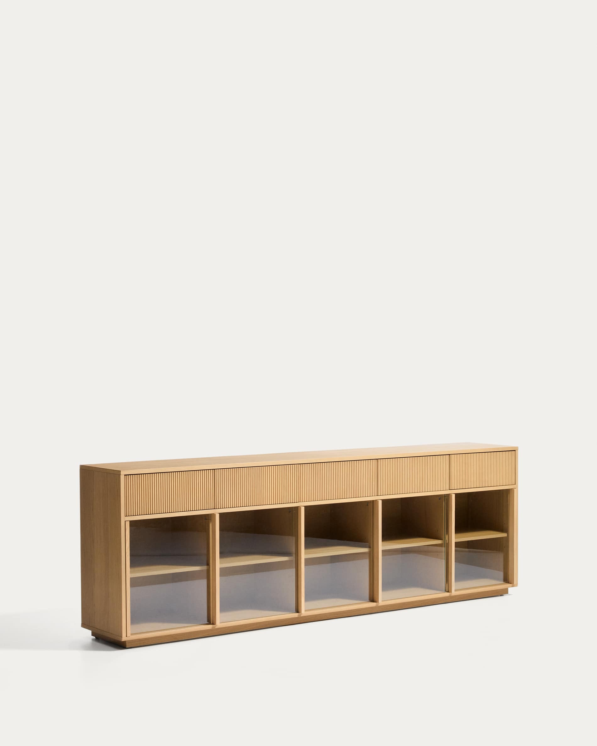 Helvine 5-door, 5-drawer sideboard in oak veneer and tempered glass 242x80cm FSC 100%