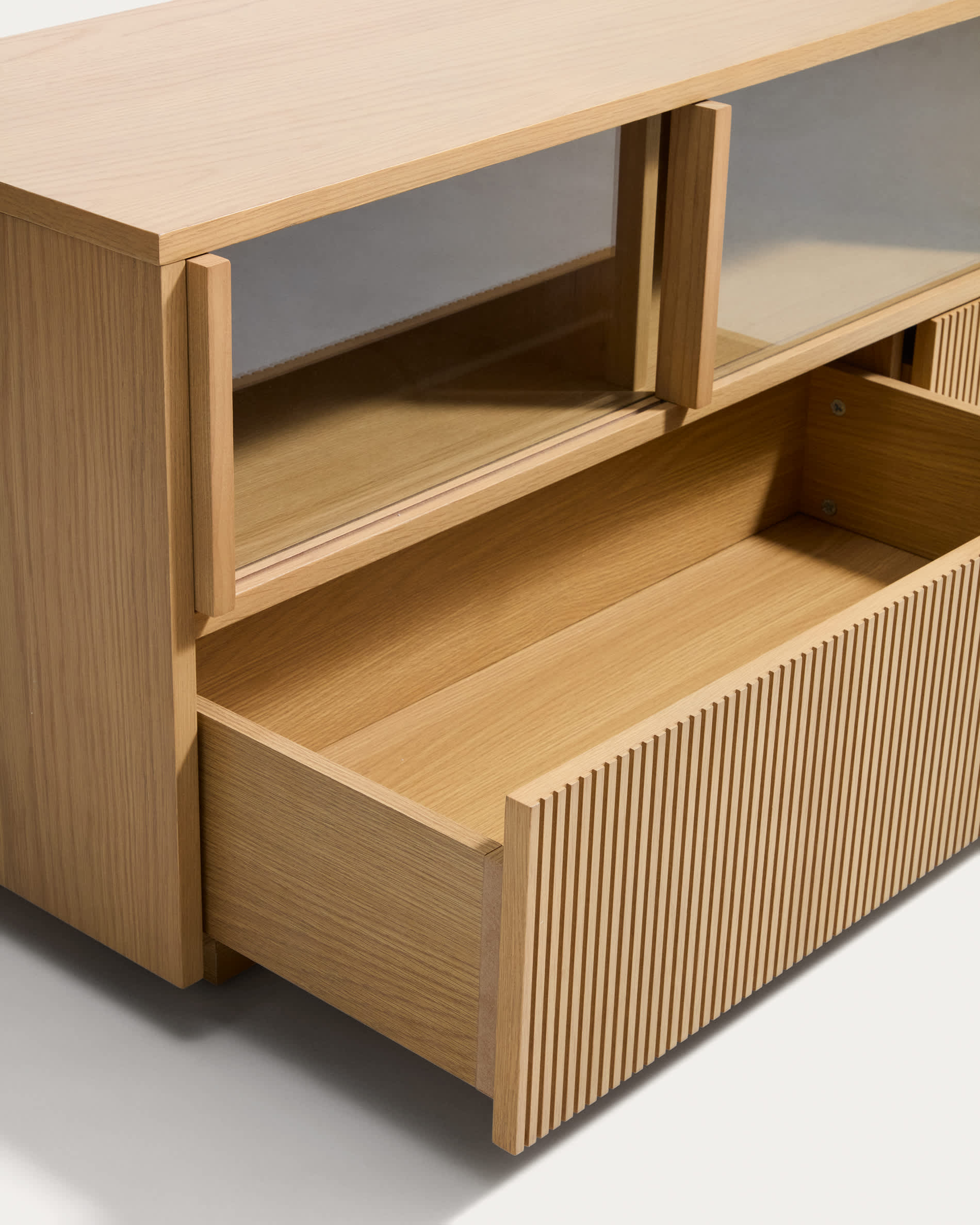 Helvine 5-door, 3-drawer TV stand in oak veneer and tempered glass 242x53,5cm FSC 100%