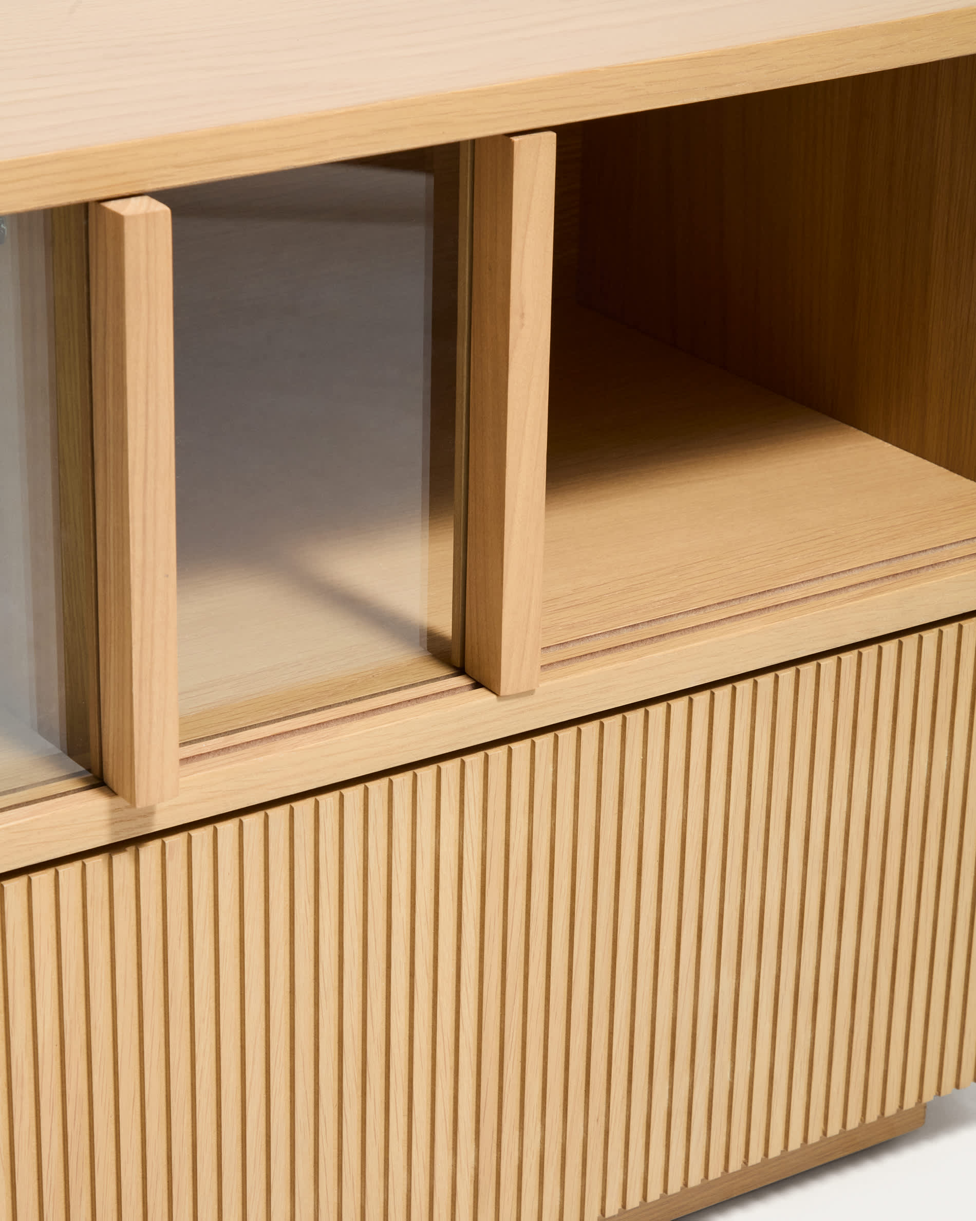Helvine 5-door, 3-drawer TV stand in oak veneer and tempered glass 242x53,5cm FSC 100%