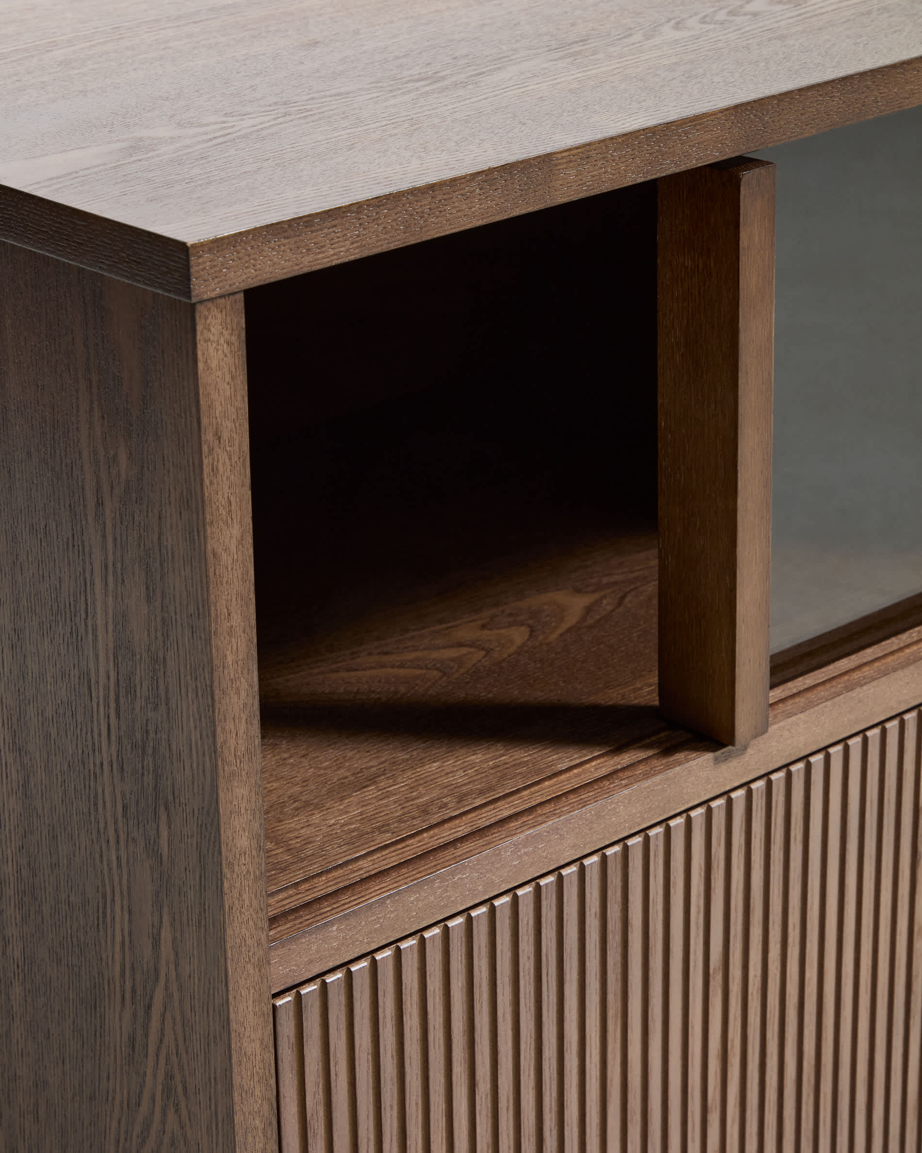 Helvine TV stand with 4 doors and 2 drawers in ash veneer with walnut finish and tempered glass, 200 x 54 cm, FSC 100%