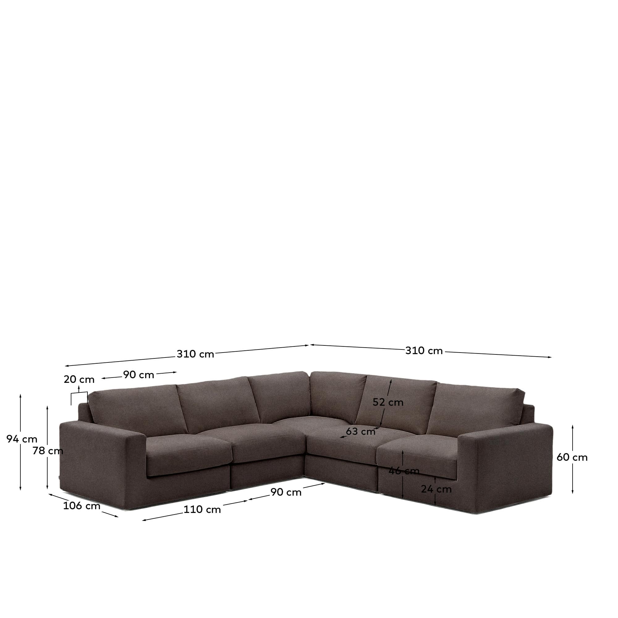 Alea 5-seater modular corner sofa with removable cover in dark brown chenille 310 x 310cm