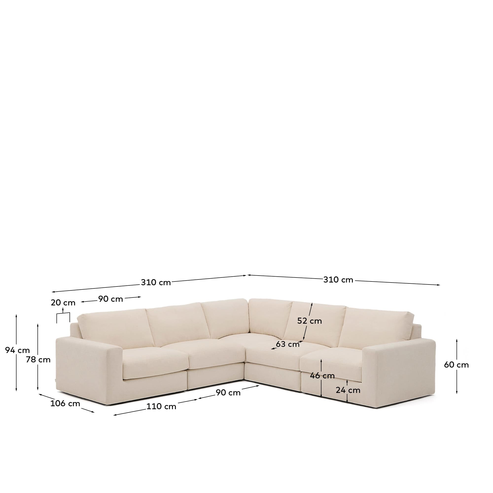 Alea 5-seater modular corner sofa with removable cover in beige chenille 310 x 310cm
