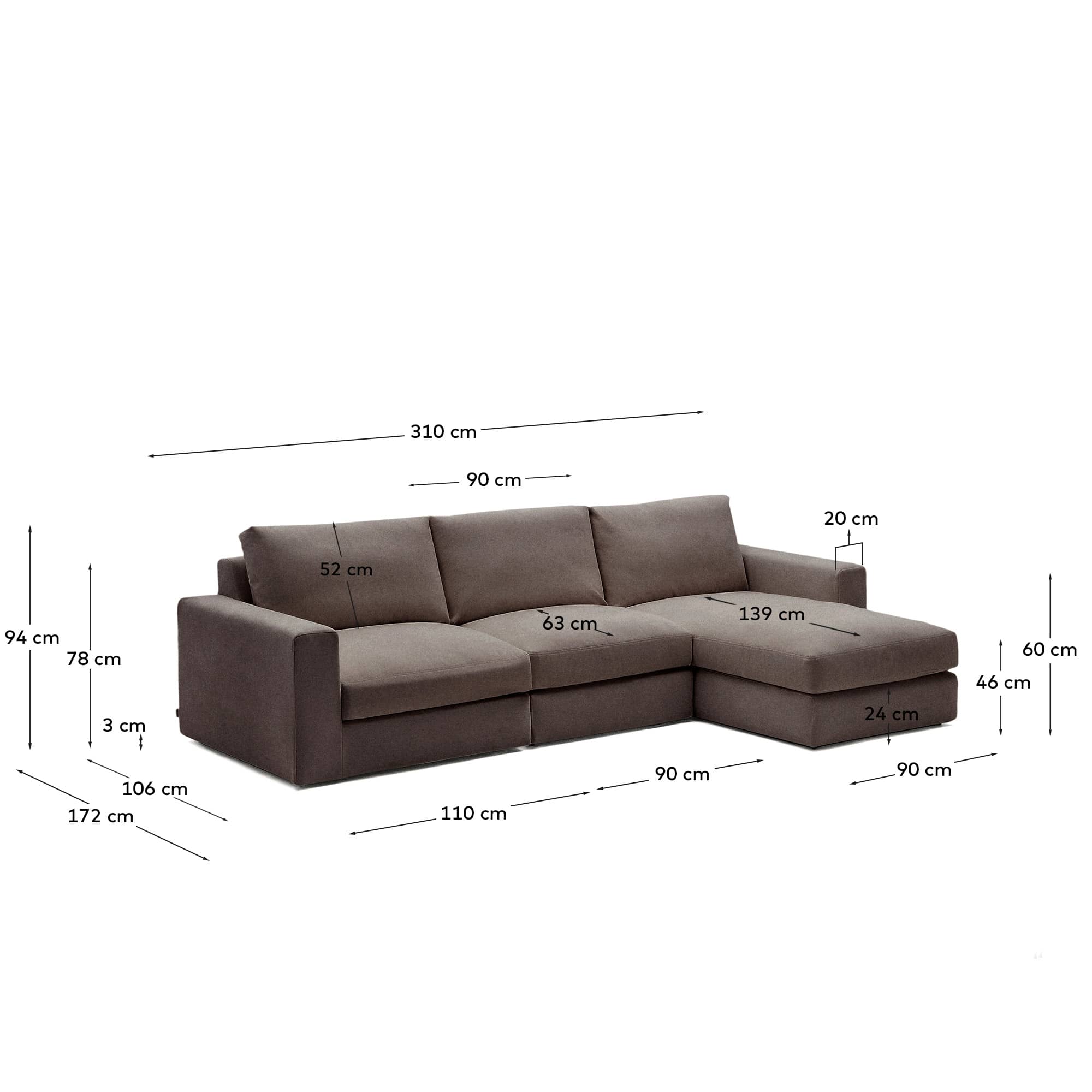 Alea dark brown chenille 4-seater modular sofa with right chaise longue and removable cover 310cm
