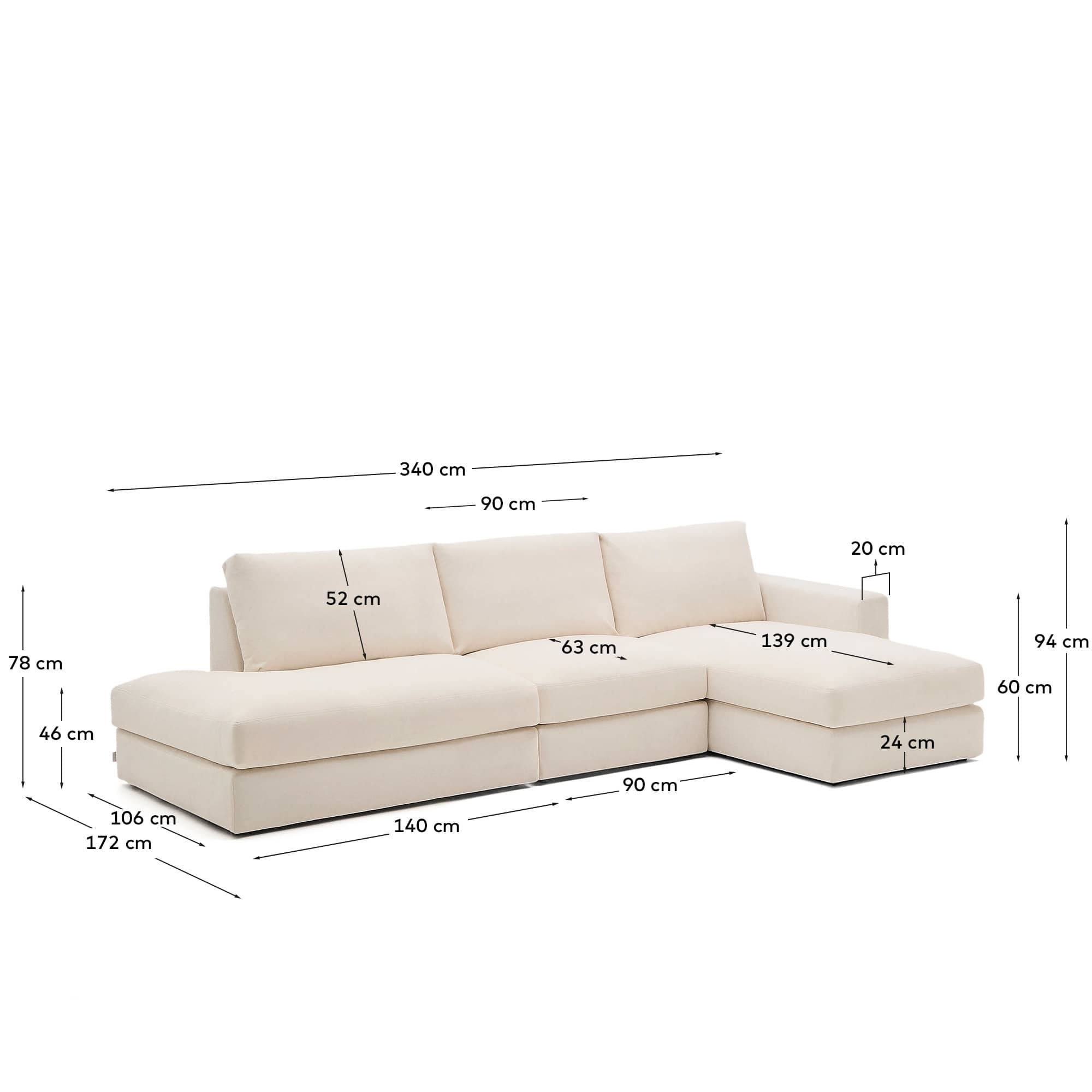 Alea beige chenille 5-seater modular sofa with right chaise longue and removable cover 340cm