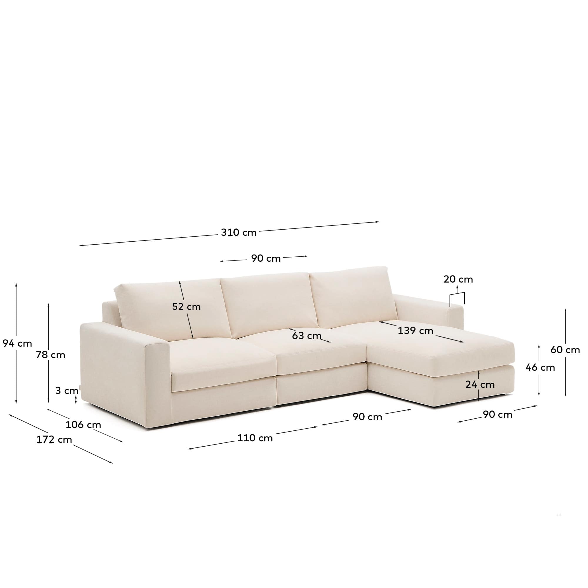 Alea beige chenille 4-seater modular sofa with right chaise longue and removable cover 310cm