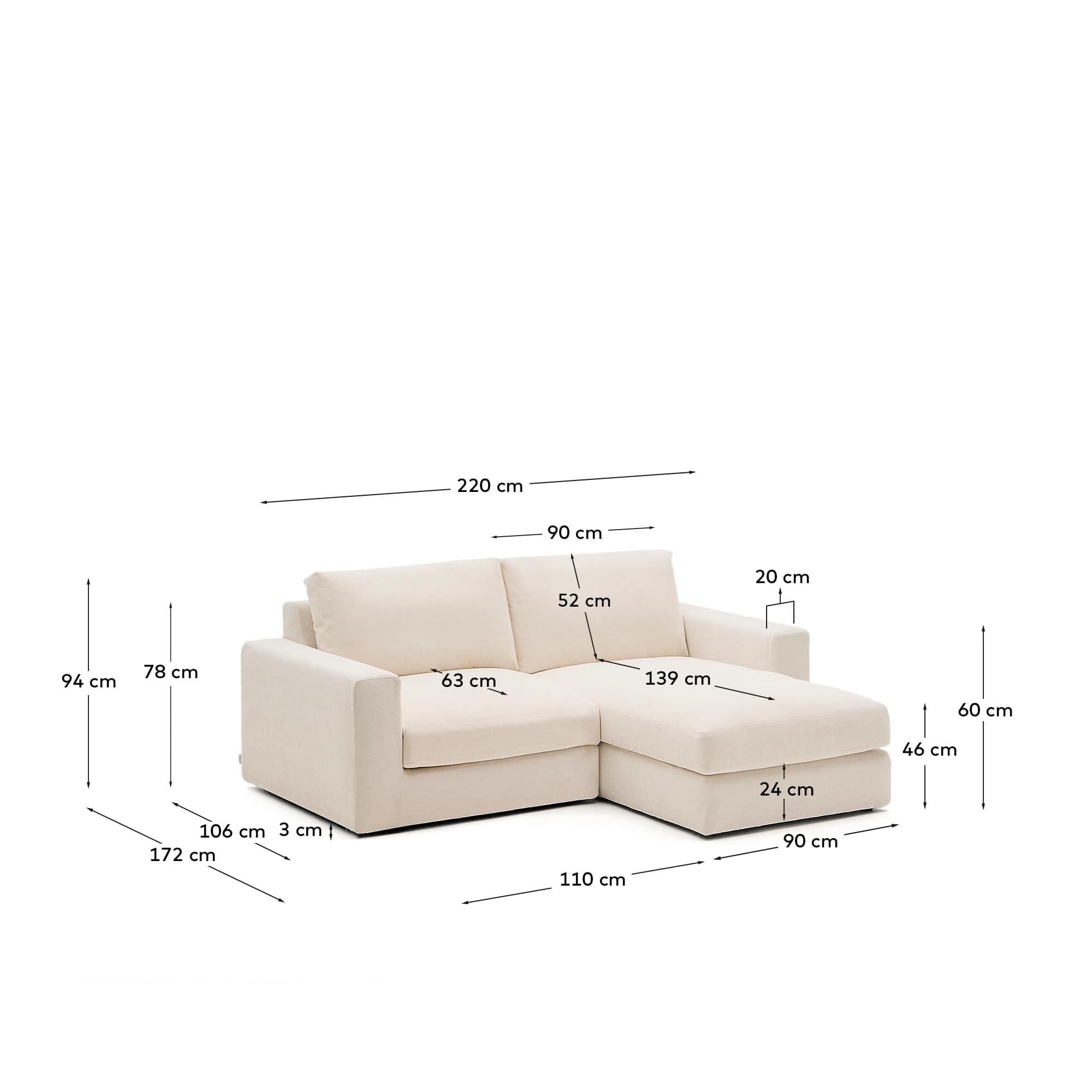 Alea beige chenille 3-seater modular sofa with right chaise longue and removable cover 220cm