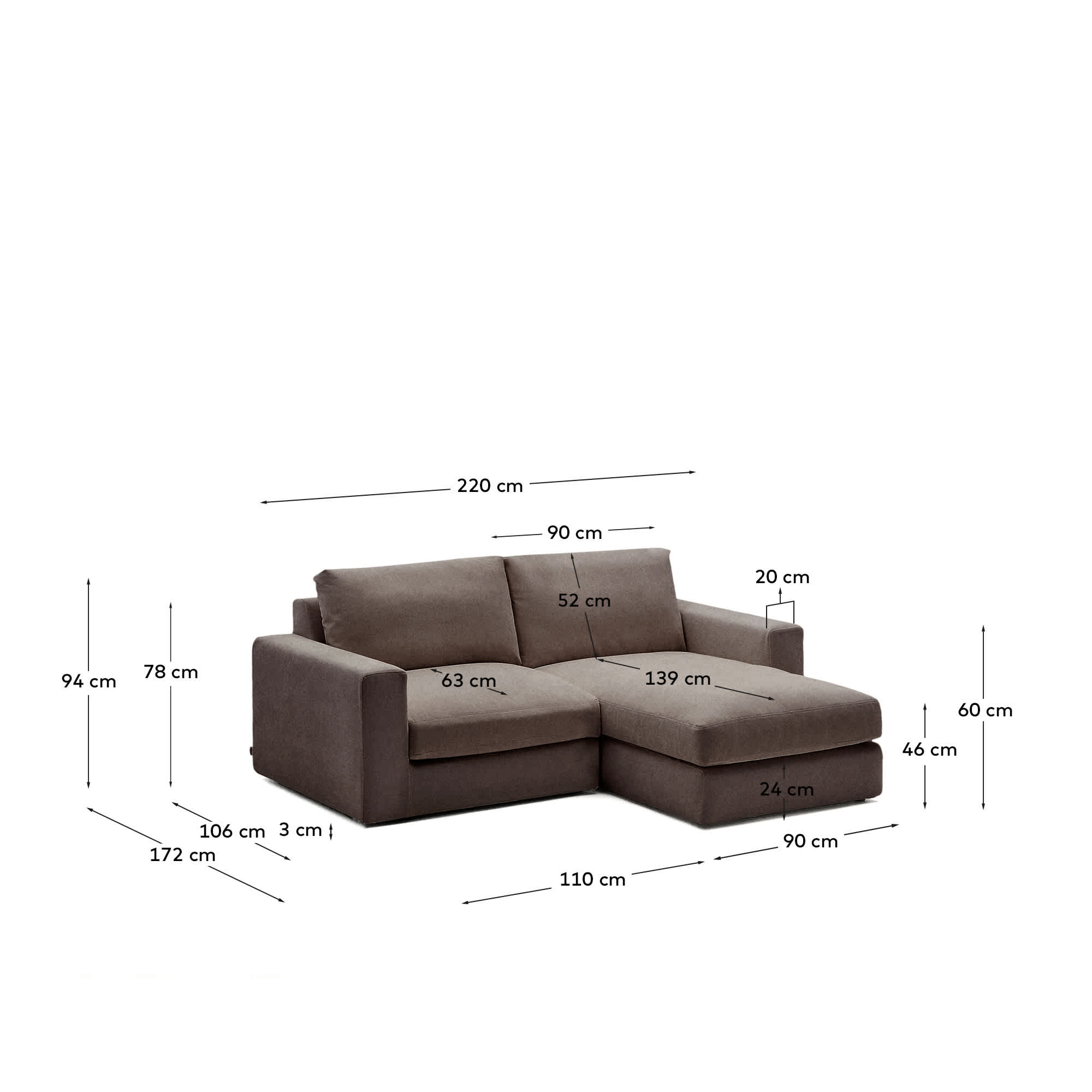 Alea dark brown chenille 3-seater modular sofa with right chaise longue and removable cover 220cm