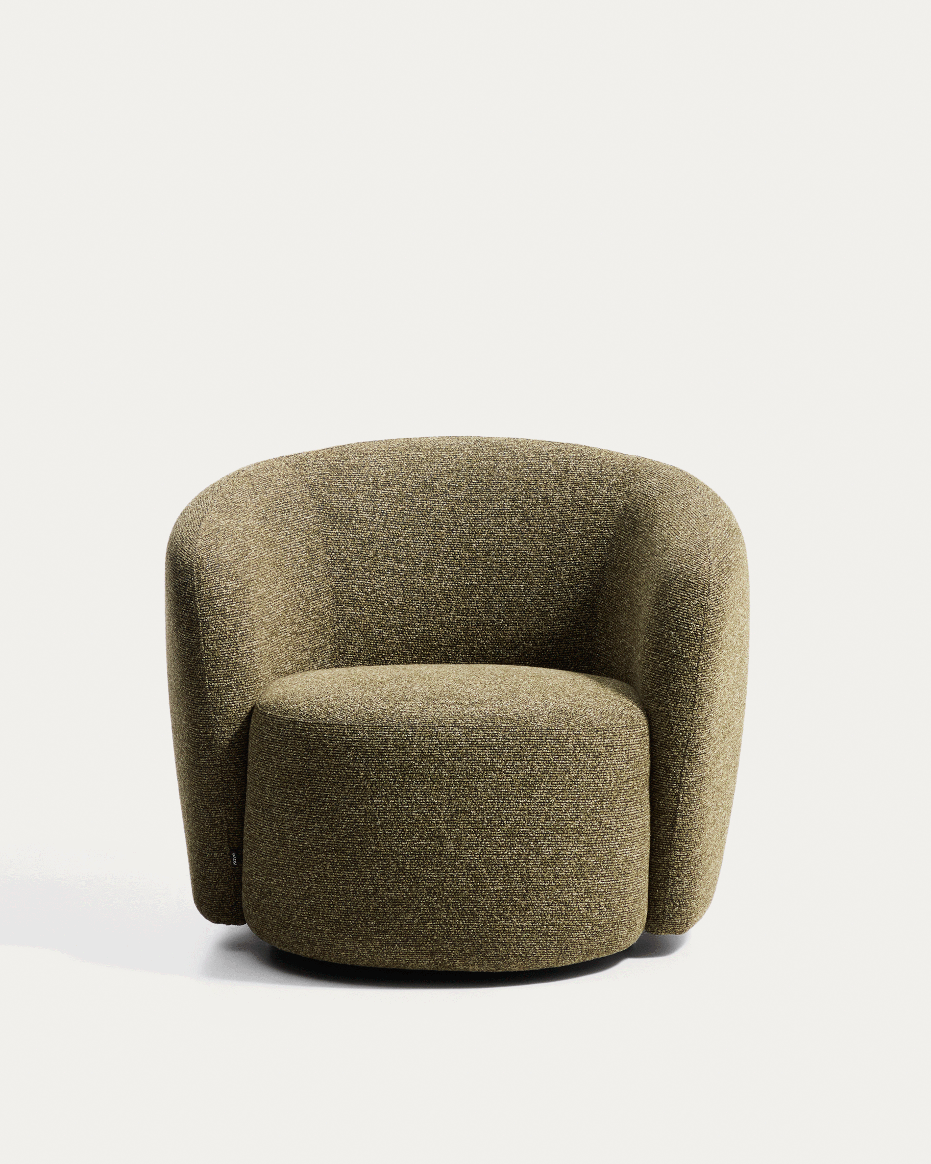 Odenia fire-retardant swivel armchair in olive green micro bouclé