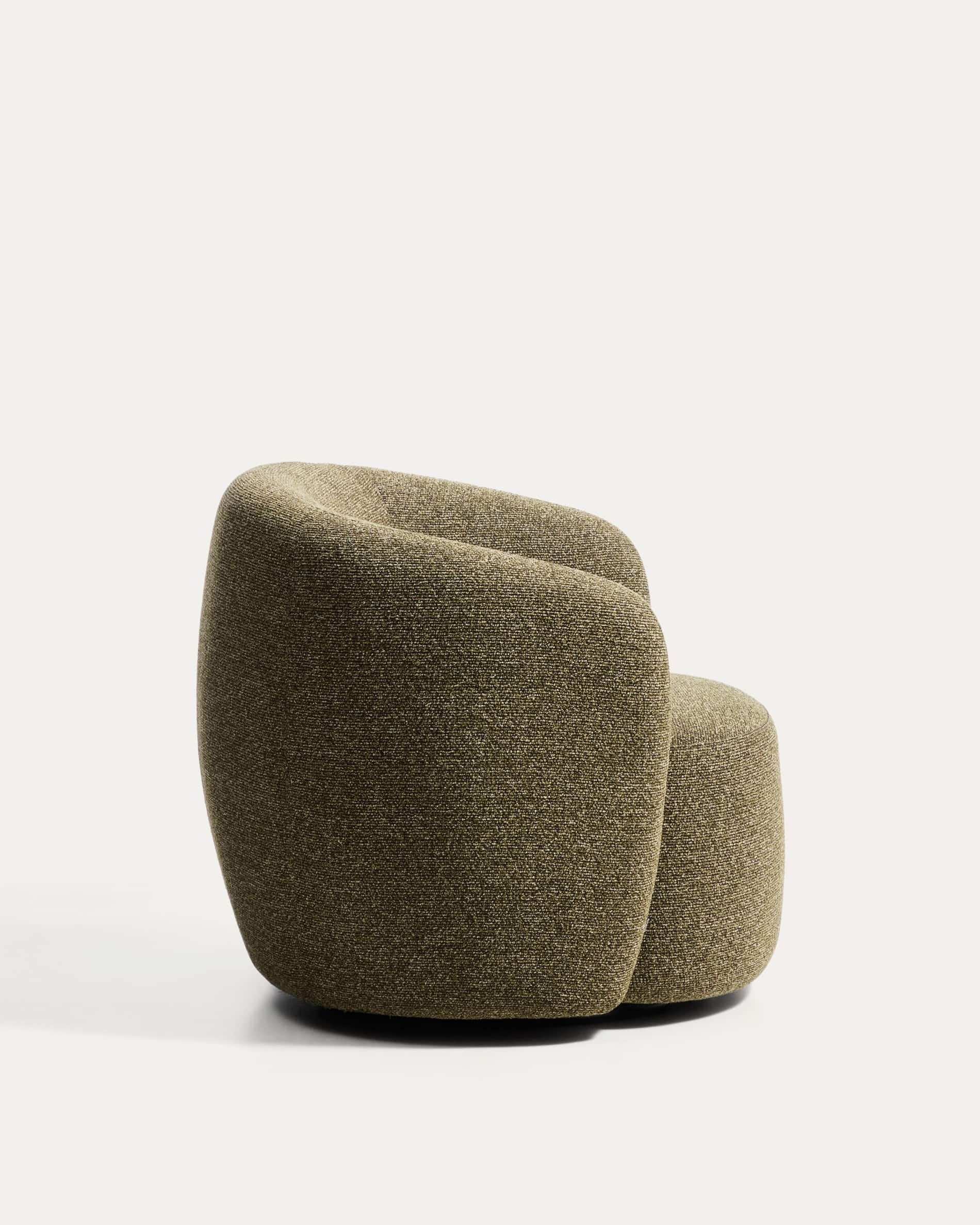 Odenia fire-retardant swivel armchair in olive green micro bouclé